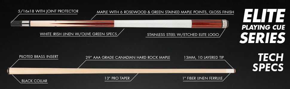 Elite ESP01 Pool Cue - Cocobolo & Hard Rock Canadian Maple with Rosewood & Green Points, Perfect for Professional and Recreational Pool Games