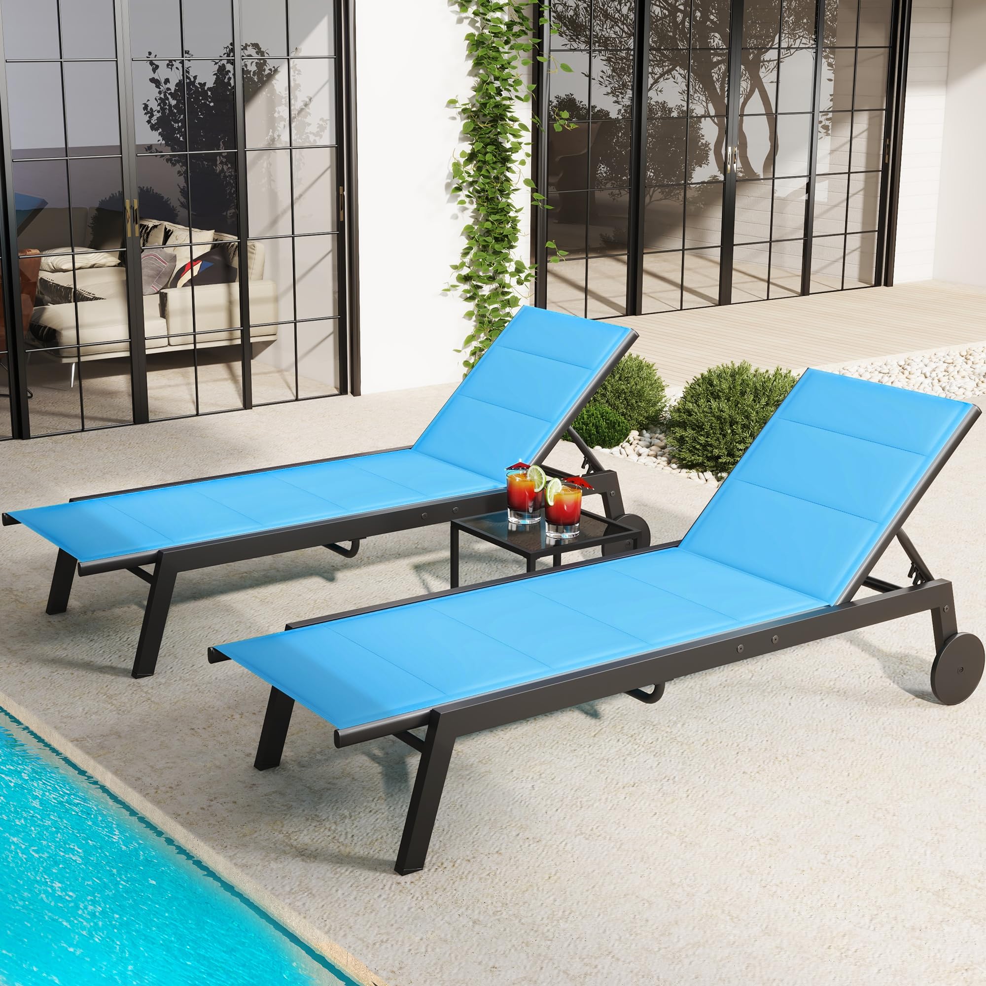 YITAHOME 3-Piece Patio Chaise Lounge Set with Side Table - Adjustable Backrest Outdoor Lounge Chairs with Padded Fabric & Wheels - Perfect for Poolside, Beach, Patio & Porch Relaxation - Blue