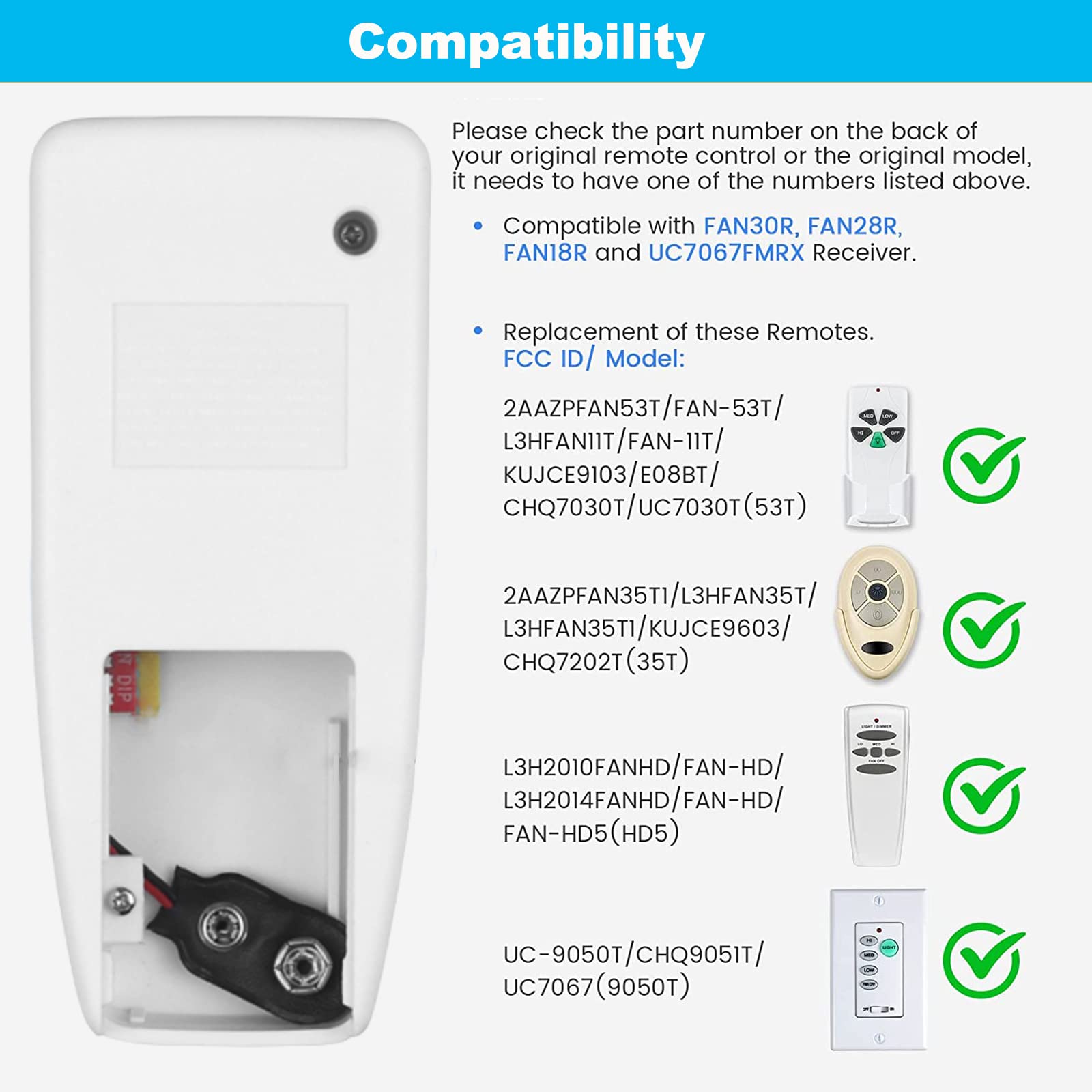 Hunter Hampton Bay Harbor Breeze Kichler Ceiling Fan Remote Control Replacement - FAN-53T Compatible with 2AAZPFAN53T L3HFAN11T FAN-11T L3HFAN35T1 FAN-35T KUJCE9103 CHQ8BT7030T CHQ7030T UC7030T - Perfect for Bedroom Living Room Home Office