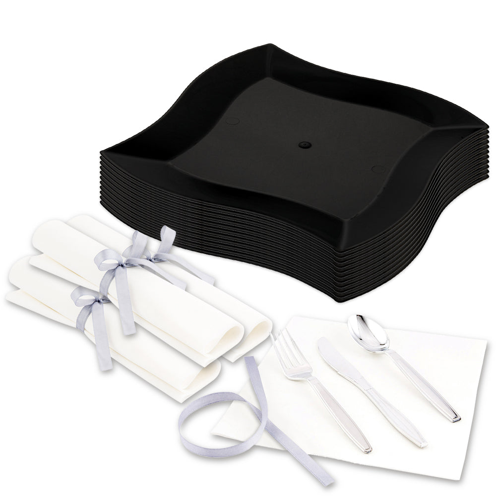 100-Pack Black 7-Inch Square Plastic Plates & 100-Pack Silver Plastic Cutlery Set - Durable Disposable Tableware for Parties, Picnics, and Catering Events