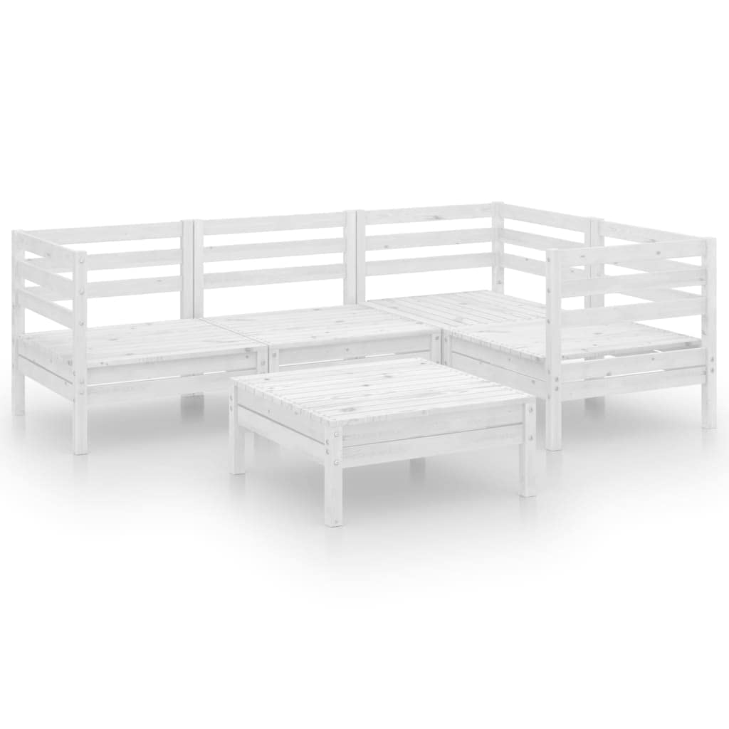 vidaXL 5-Piece Solid Pine Wood Retro Lounge Set - White Patio Furniture with Corner & Middle Sofas, Footstool/Table | Outdoor Garden, Poolside & Backyard Relaxation