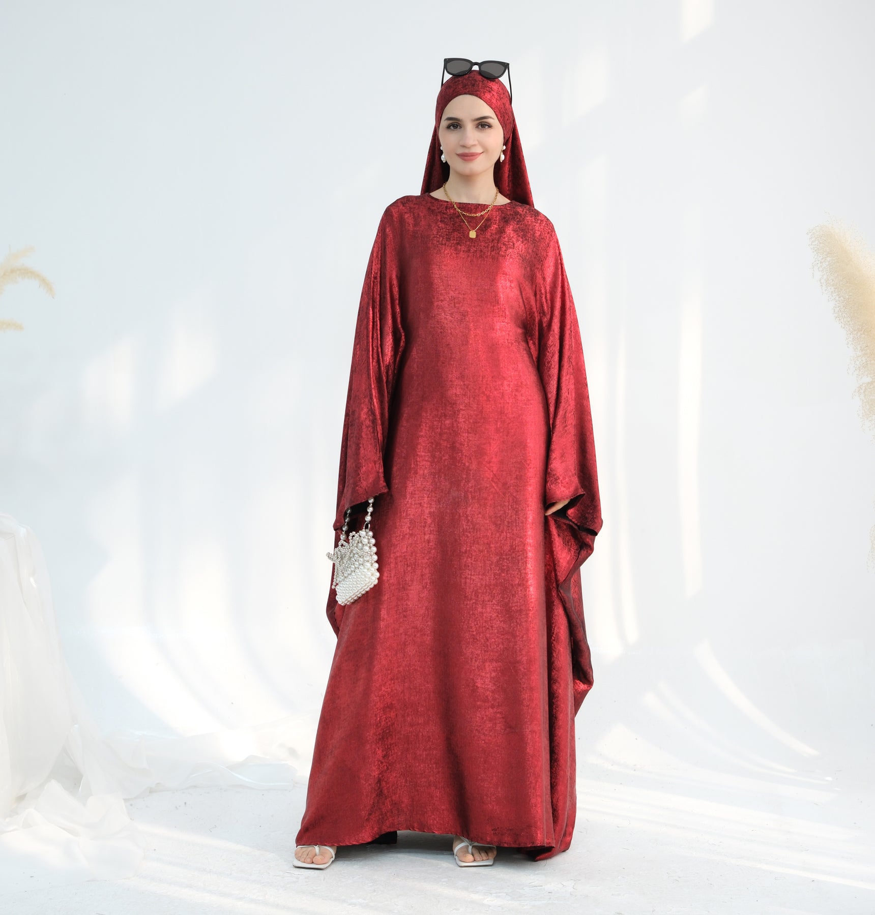 Linora Shimmer Butterfly Abaya - Elegant Ruby Embroidered Islamic Dress for Women | Perfect for Eid, Wedding & Special Occasions