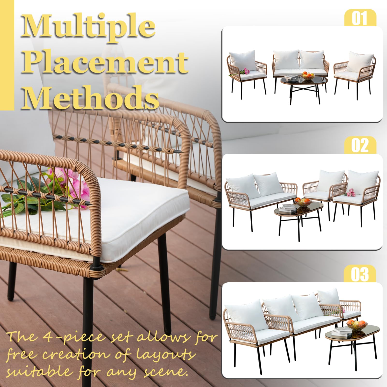 Homsido 4-Piece Boho Patio Furniture Set - Outdoor Wicker Chairs with Washable White Cushions & Glass Coffee Table - Perfect for Balcony, Garden, or Backyard Relaxation