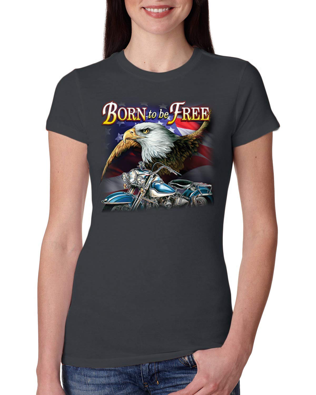 Born to Be Free Bald Eagle & American Flag Women's Slim Fit Junior Tee - Patriotic Graphic T-Shirt for Casual Wear, 4th of July & Independence Day Celebrations