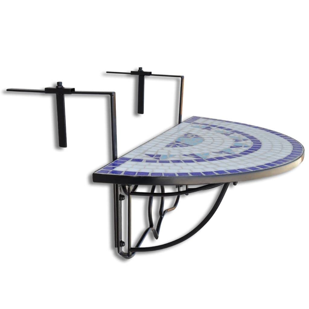 Blue and White Mosaic Hanging Balcony Table - Semicircular Outdoor Patio Railing Table for Small Spaces, Bar Counter Table - Perfect for Balcony, Deck, Garden & Backyard Relaxation