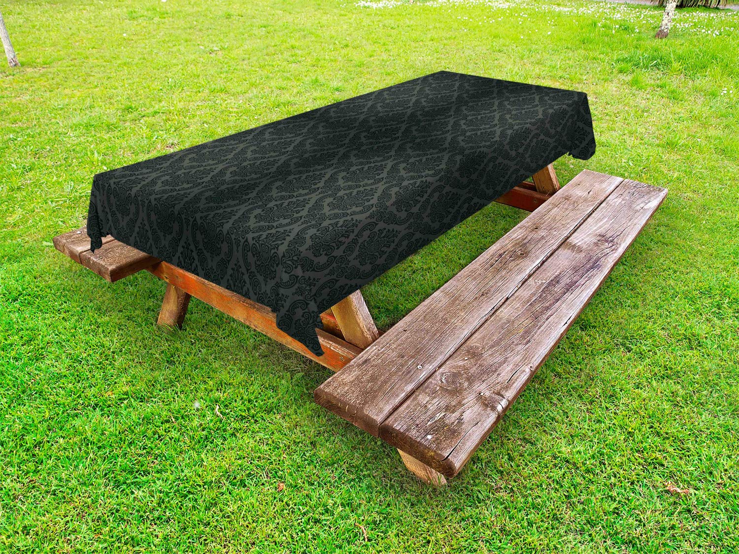 Ambesonne Dark Grey Outdoor Tablecloth - Vintage Victorian Damask Baroque Design, Washable Picnic Table Cover 58x104 Inches - Perfect for Garden Parties, BBQs, and Outdoor Dining Events
