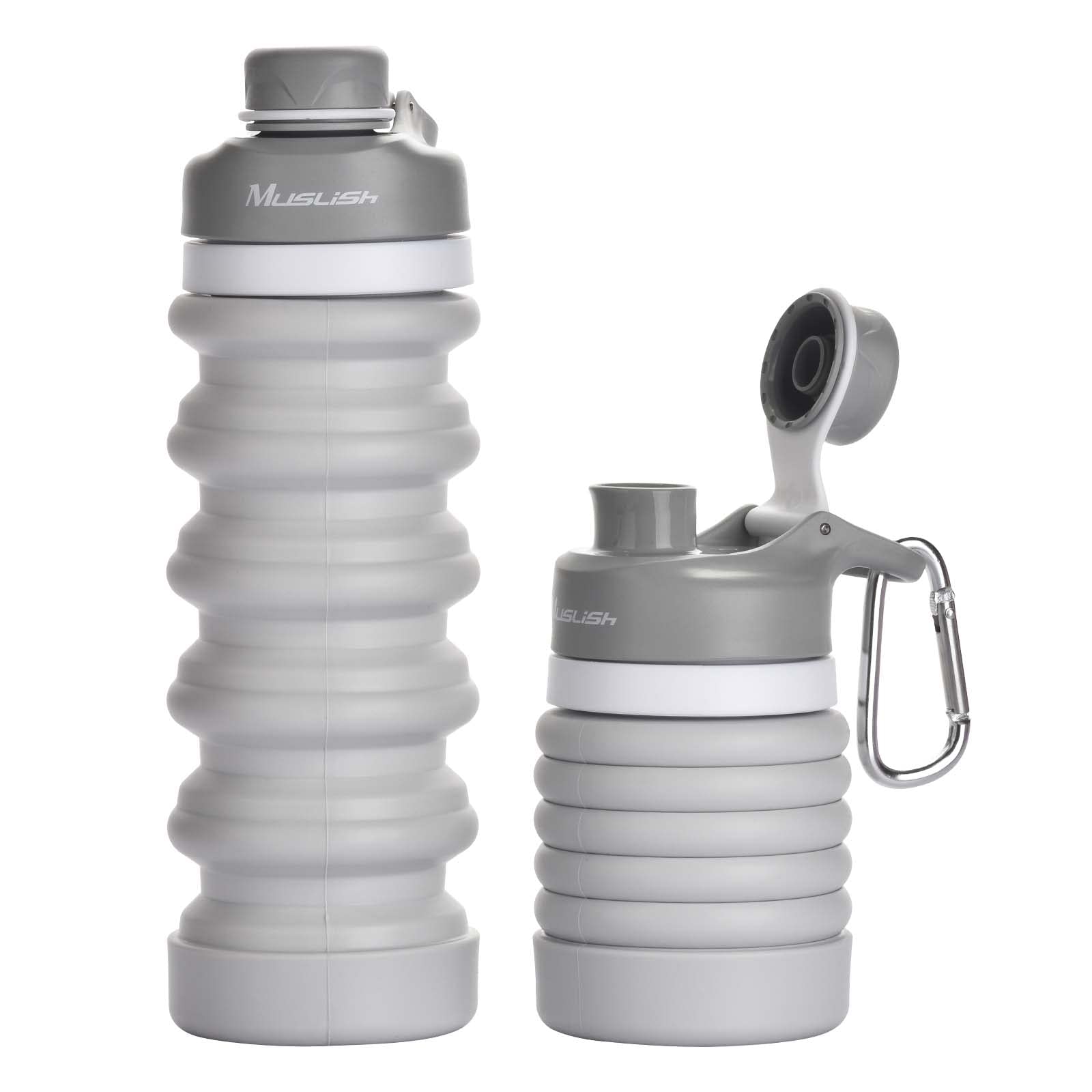 Muslish Collapsible Water Bottle 18oz (550ml) - BPA Free Silicone Foldable Water Bottle for Travel, Gym, Camping & Hiking - Reusable Portable Leak Proof Sports Water Bottle with Carabiner (Light Gray) - Perfect for Outdoor Adventures, Workouts & Daily Hydration