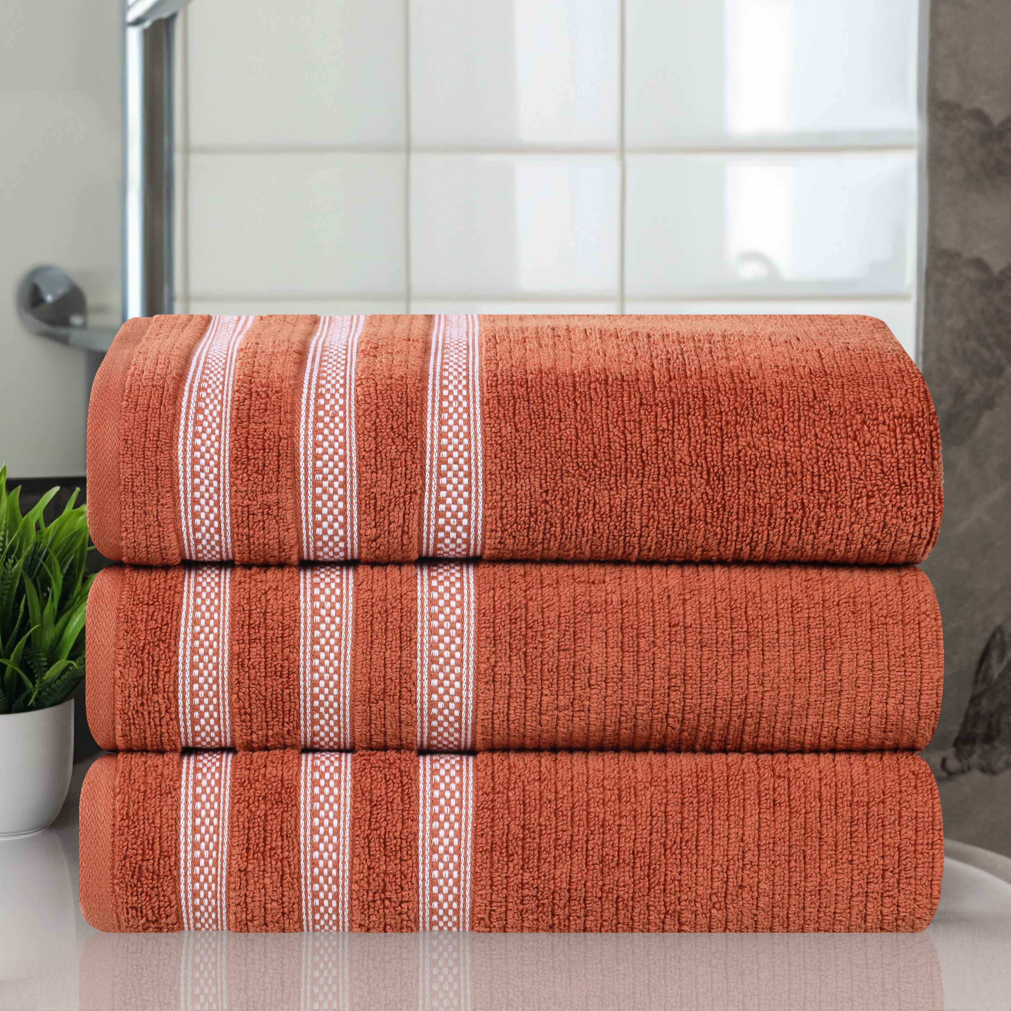 Soft Zero Twist Cotton Ribbed Geometric Border Plush Bath Towel Set of 3 - Ultra Absorbent & Quick Dry for Spa, Beach, and Luxury Bathroom Use