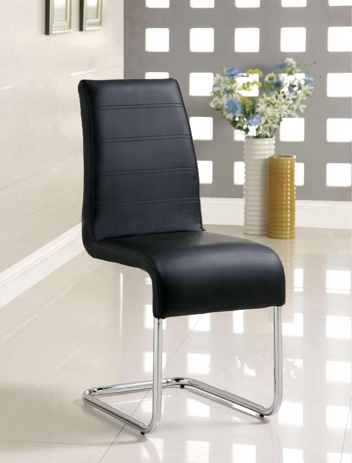 Modern Black Faux Leather 2-Piece Side Chair Set - Kitchen & Dining Room Chairs with Chrome Metal Legs - Perfect for Small Spaces, Breakfast Nooks & Contemporary Dining Areas