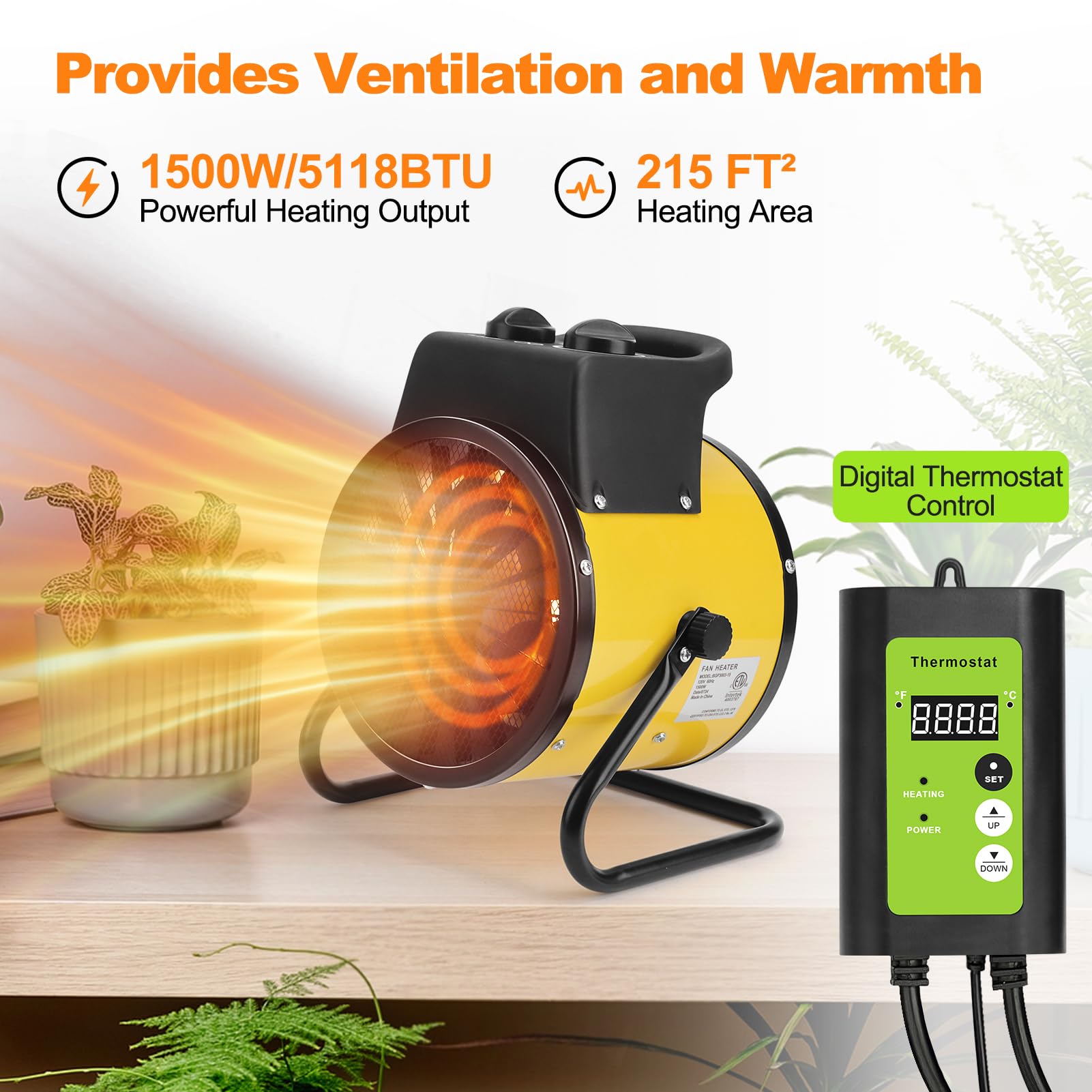 1500W Digital Thermostat Greenhouse Heater - Portable Outdoor Space Heater for Greenhouses & Grow Tents with Fast Heating & Overheat Protection (Gold) | Perfect for Winter Plant Protection & Seedling Growth