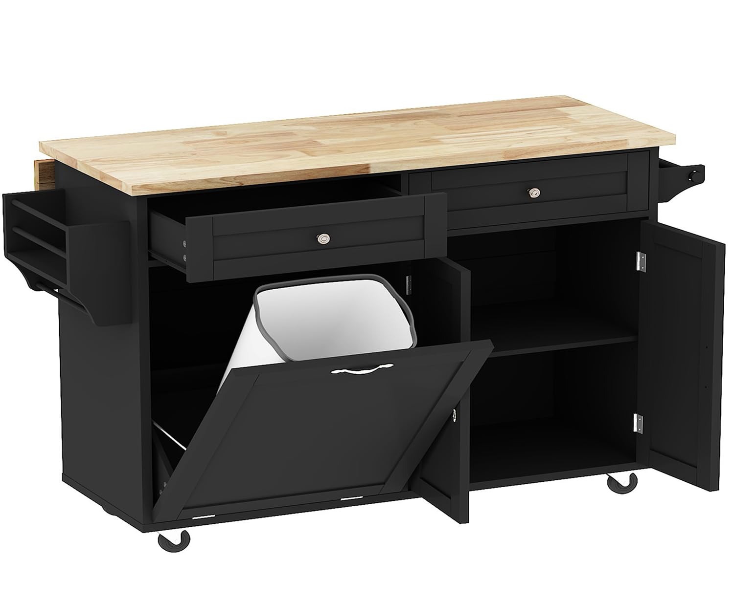 Large Kitchen Island with Drop Leaf & Wheels - 10 Gallon Rolling Trash Cabinet with 2 Drawers, Spice Rack & Towel Rack - Mobile Kitchen Cart for Dining Room & Home Cooking (Black) | Perfect for Small Kitchens, Food Prep & Extra Storage Space