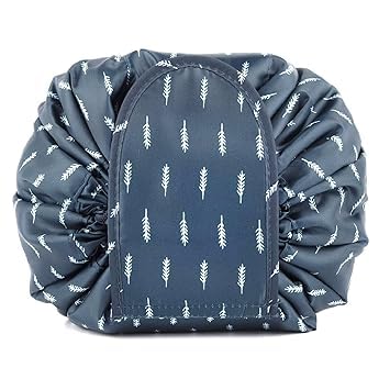 Keetly Stylish Portable Lazy Cosmetic Bag with Drawstrings | Waterproof Makeup Pouch for Women & Girls | Large Capacity Travel Toiletry Organizer | Perfect for Gym, Vacation & Daily Use (Navy Faux Leather)