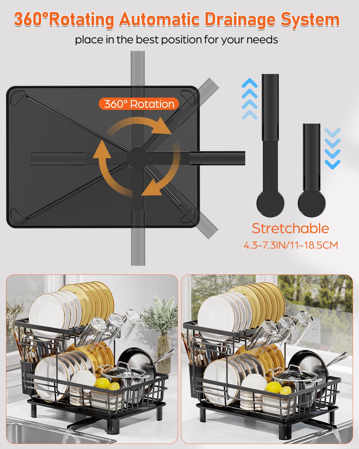 2 Tier Stainless Steel Dish Drying Rack with Drainboard - Space Saving Kitchen Counter Organizer for Dishes, Cups, Utensils, Knives, Spoons & Forks | Perfect for Small Kitchens, Apartments & RVs (Black)