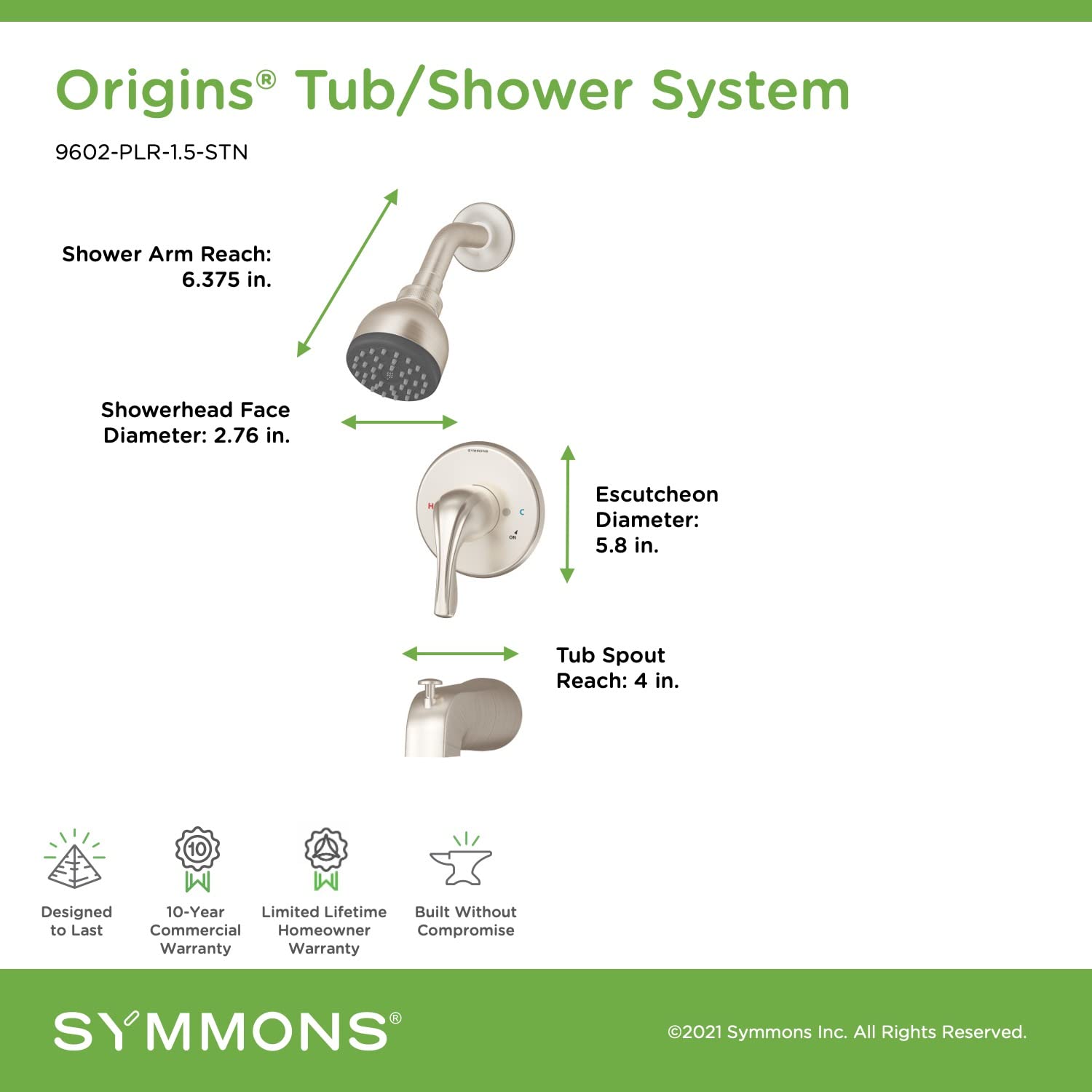 Symmons 9602-PLR-1.5-STN Origins 1-Handle Tub and Shower Faucet in Satin Nickel Finish - Perfect for Bathroom Renovation and Modern Home Upgrade