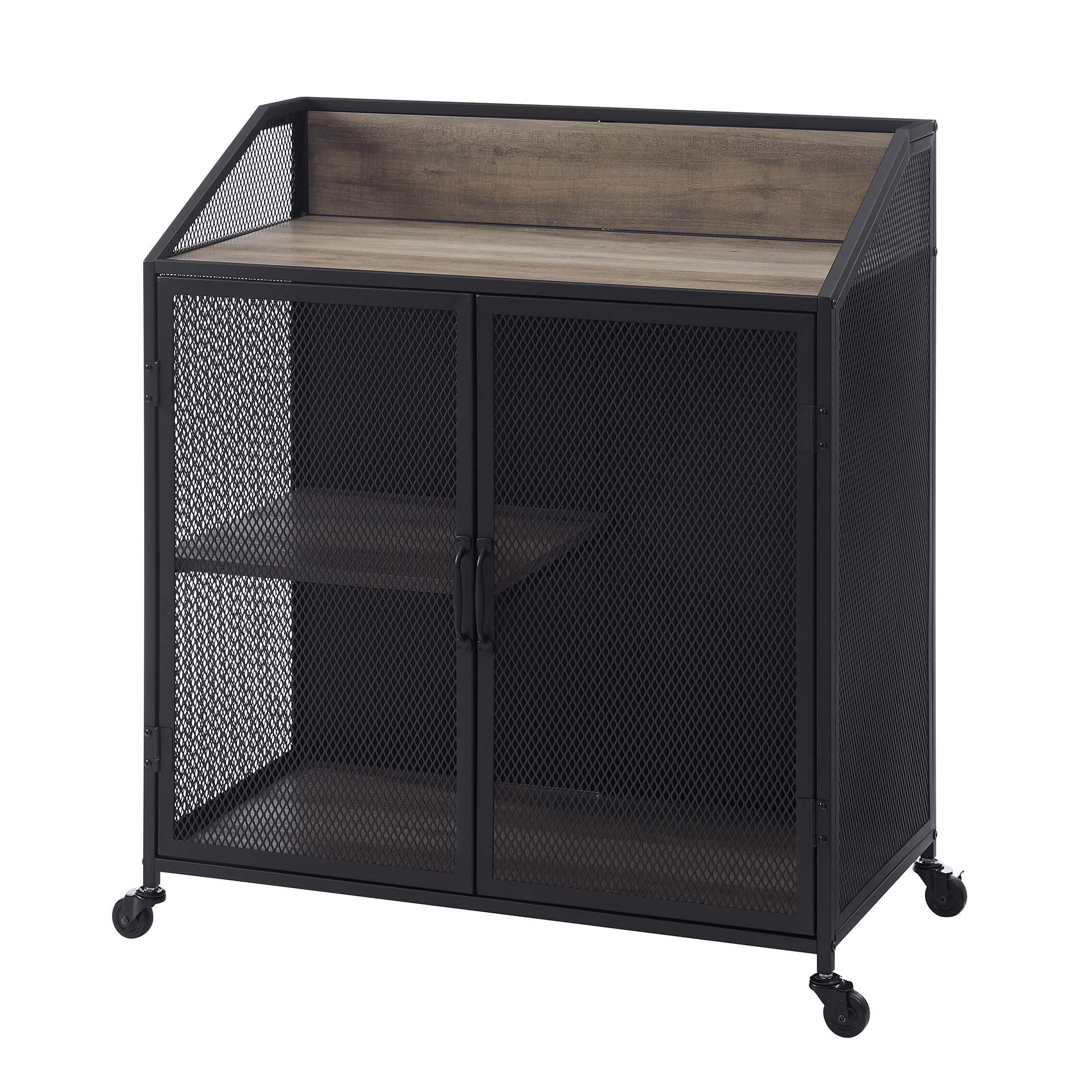 Walker Edison Malcomb Urban Industrial Metal Mesh Double Door Rolling Bar Cabinet, 33 Inch, Grey - Perfect for Home Bars, Kitchen Storage & Living Room Organization