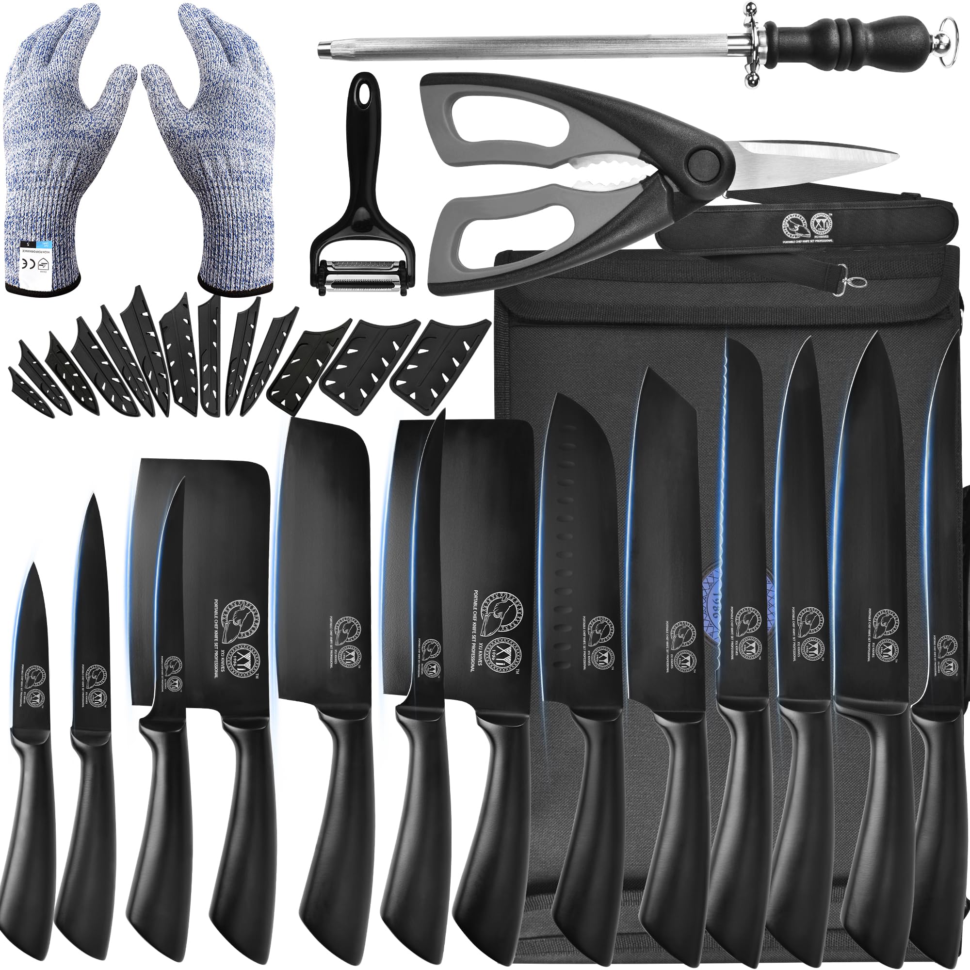 XYJ Professional Chef Knife Set - High-Quality Meat Cleaver & Butcher Knives for Camping, Cooking & Outdoor Adventures - Includes Carrying Bag - Perfect Gift for Chefs, Men & Women (Full Black) - Ideal for Home Kitchens, BBQ Parties & Camping Trips