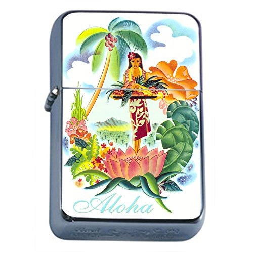 Vintage Hawaiian Art Silver Flip Top Oil Lighter - Classic Windproof Refillable Lighter for Cigarettes, Candles & Outdoor Use