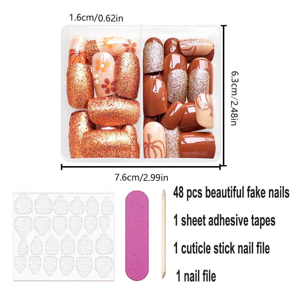 48Pcs Halloween Press on Nails Short Square Glitter Fake Nails - Cute Pumpkin Ghost Flower Acrylic Full Cover Stick on Nails - Reusable with Glue - Perfect for Women's Halloween Nail Art, Parties, Costume Events & Fall Festivals