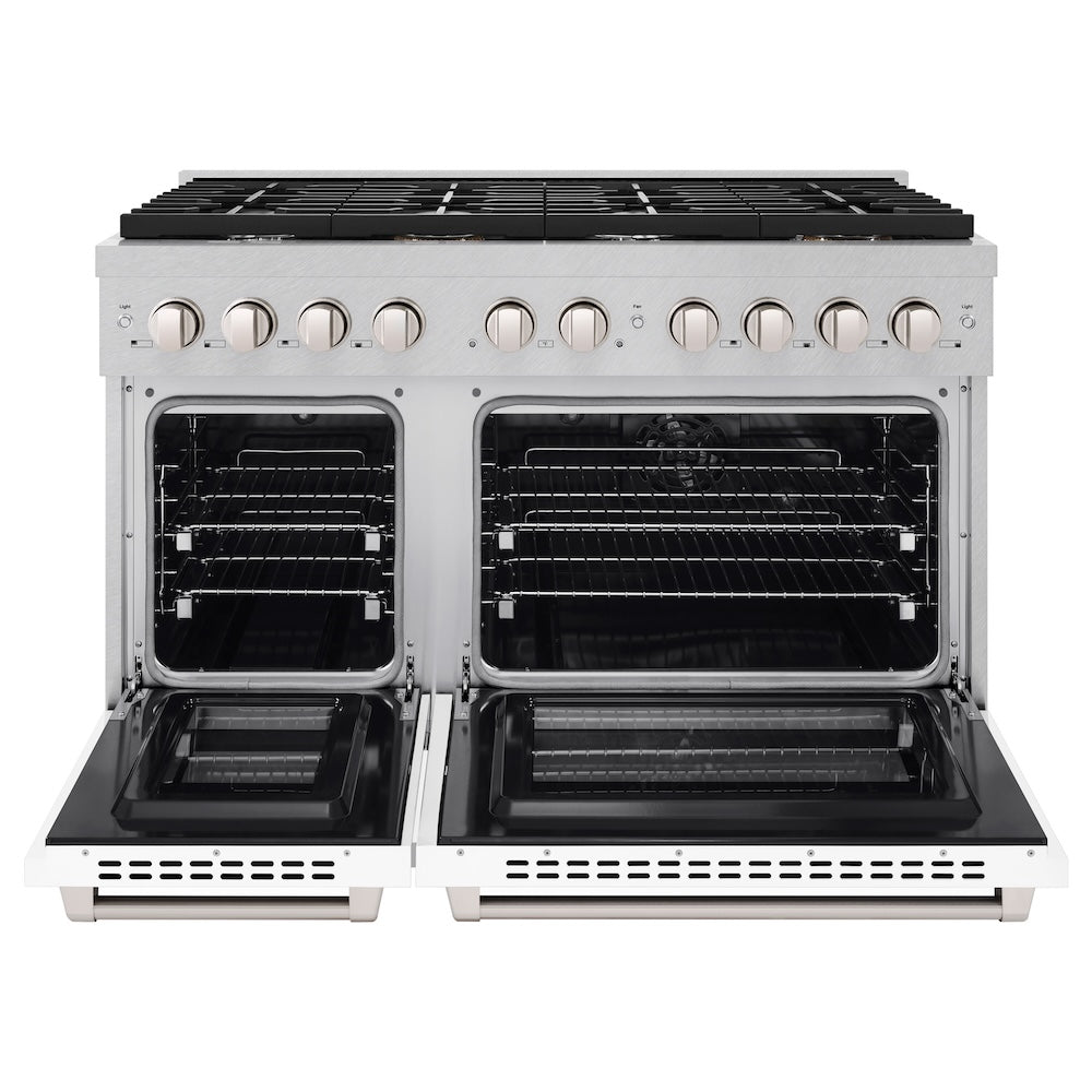 ZLINE 48-inch 6.7 cu. ft. Paramount Double Oven Dual Fuel Range with 8-Burner Gas Cooktop - Satin Stainless Steel with White Matte Doors (SDRS-WM-48) - Perfect for Large Kitchens & Professional Cooking