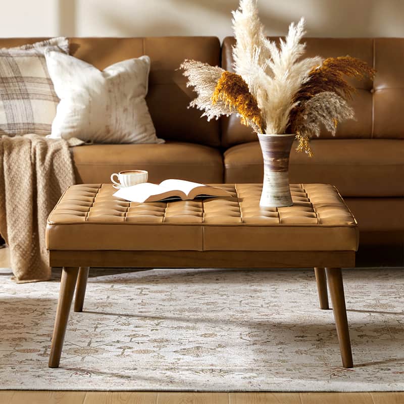Elisa Mid Century Modern Genuine Leather Ottoman Footrest - Stylish Living Room Accent for Home Decor & Lounge Comfort