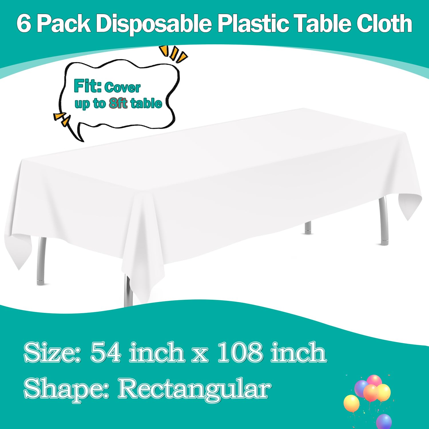 6 Pack White Disposable Plastic Tablecloths 54