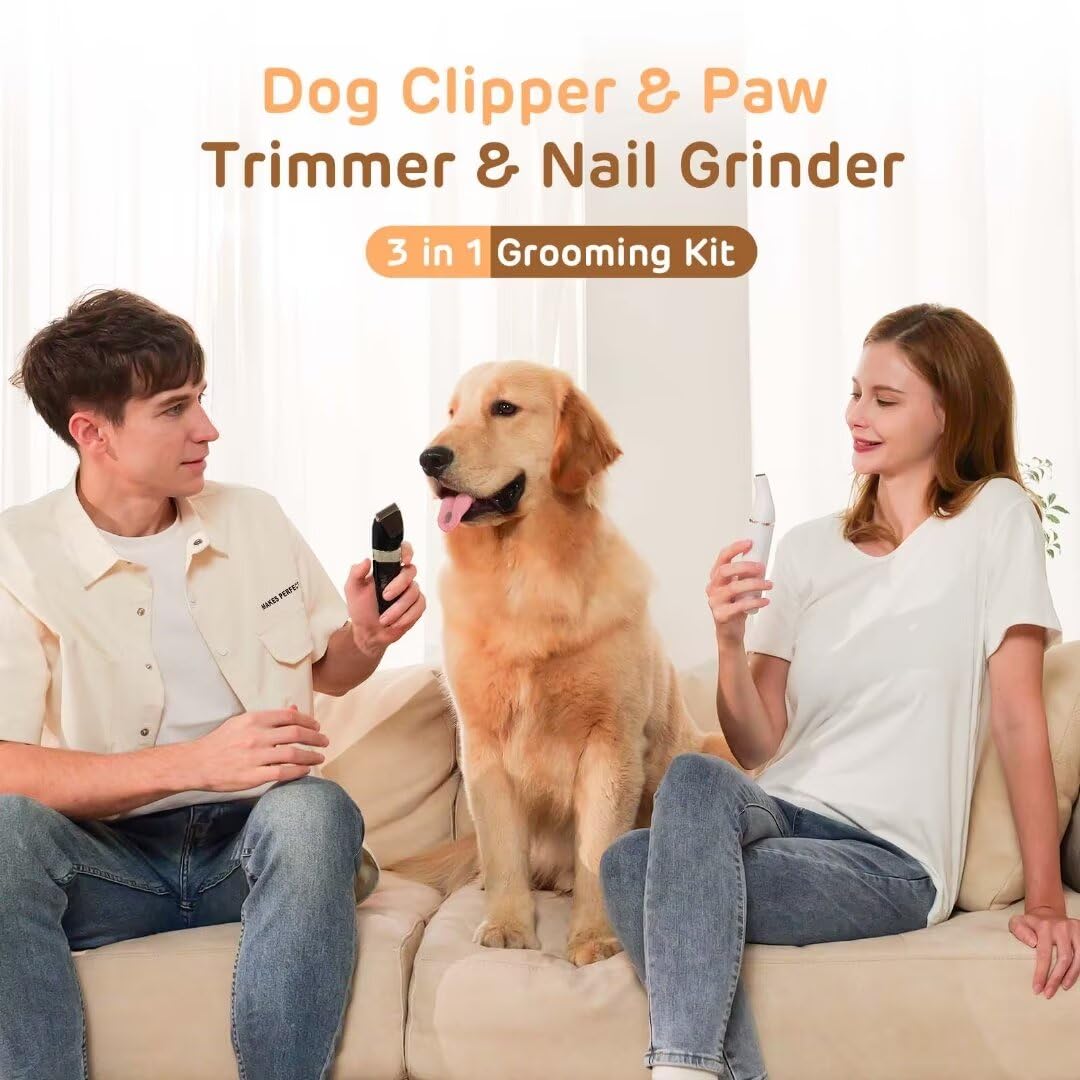 Professional Dog Grooming Kit - Low Noise Rechargeable Cordless Hair Clippers & Nail Grinder for Dogs & Cats | Perfect for Home Pet Grooming, Trimming & Paw Care (Black/White)
