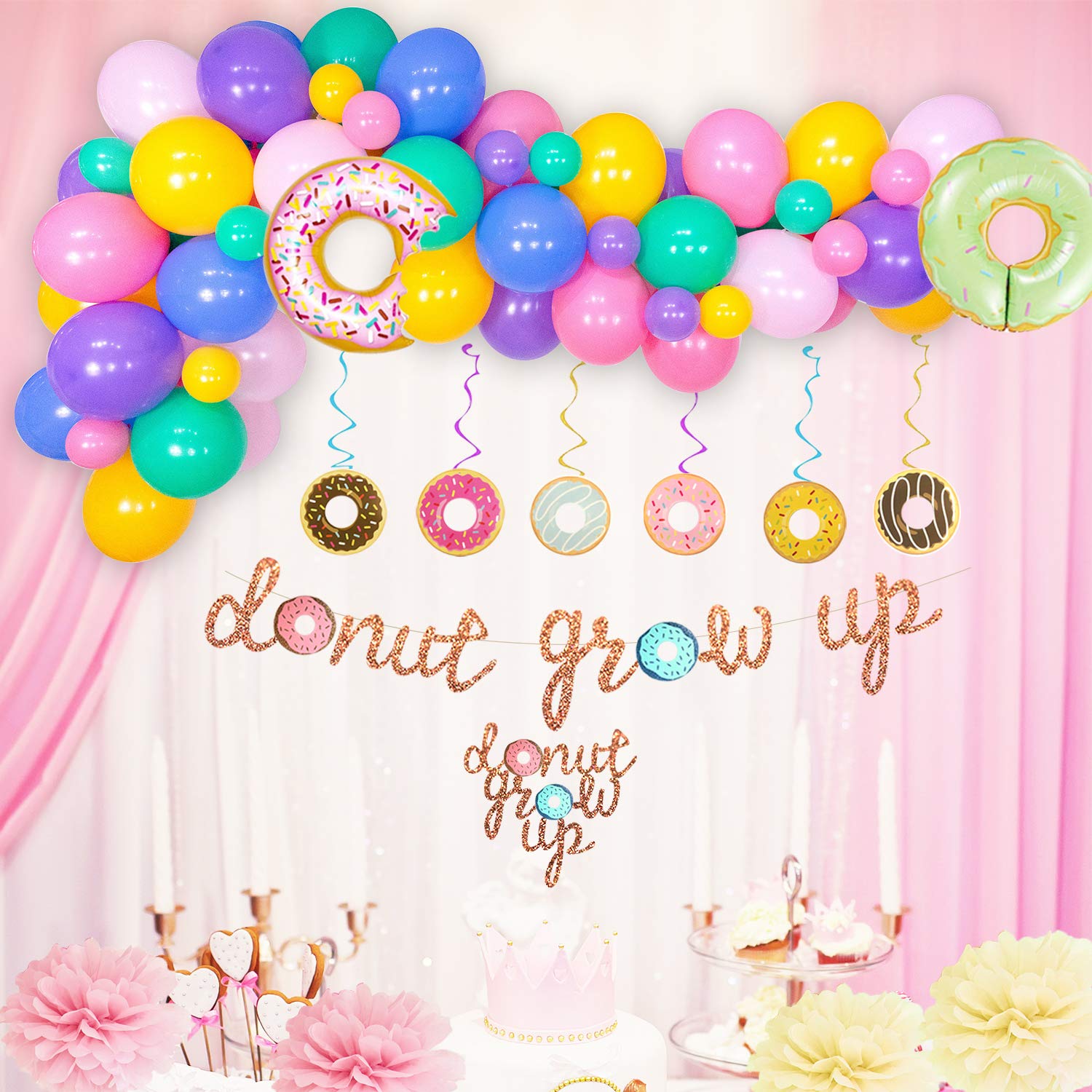 Donut Grow Up Party Decorations Kit - First Birthday Supplies with Glitter Banner, Cake Topper & Foil Balloons for Baby Shower, 1st Birthday Party Decor