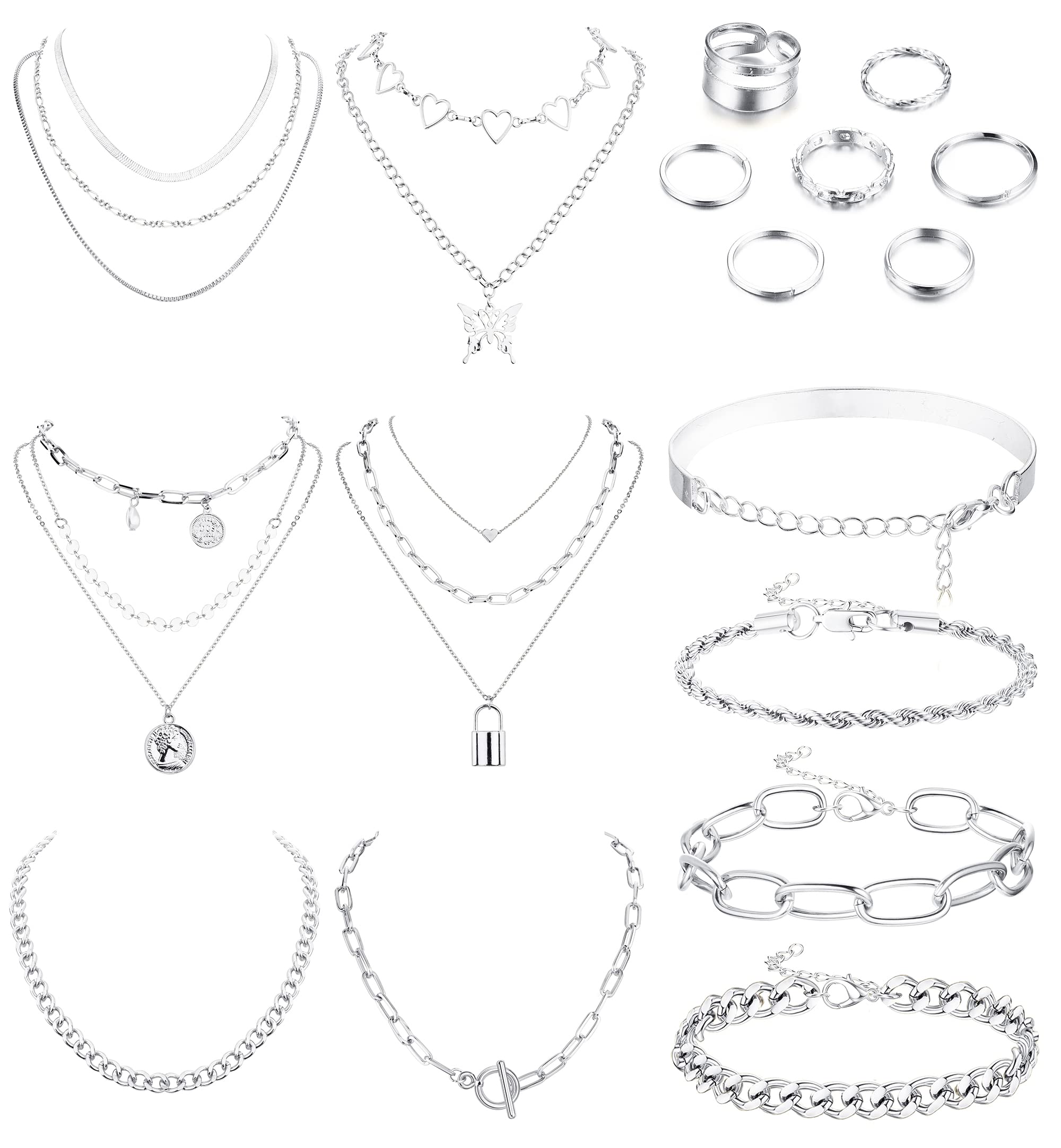 Sanfenly Women's Gold Jewelry Set - Layered Necklace, Chunky Bracelet & Knuckle Ring | Elegant Costume Accessories for Parties, Weddings & Daily Wear