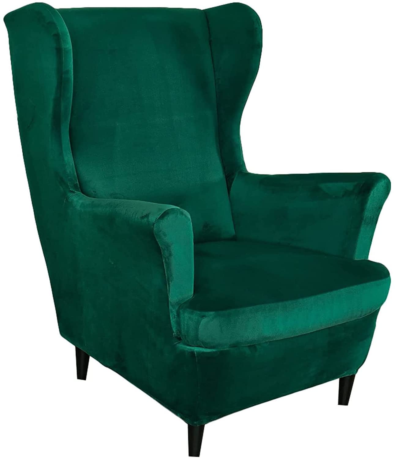 Luxury Velvet Wingback Chair Covers - Stretch Sofa Slipcover with Seat Cushion Protector for Living Room, Bedroom - Dark Green Furniture Protector for Elegant Home Decor