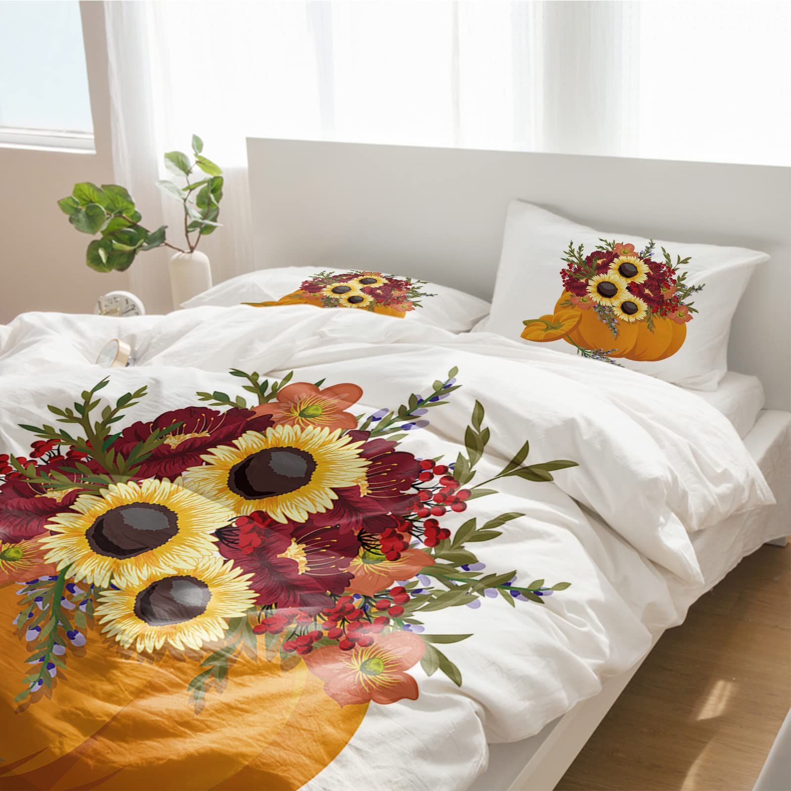 3-Piece Twin Duvet Cover Set - Soft Luxury Sunflower & Pumpkin Print Comforter Cover with 2 Pillow Shams - Thanksgiving Floral Bedding for Cozy Bedroom Decor | Perfect for Guest Rooms, Dorms & Seasonal Home Styling