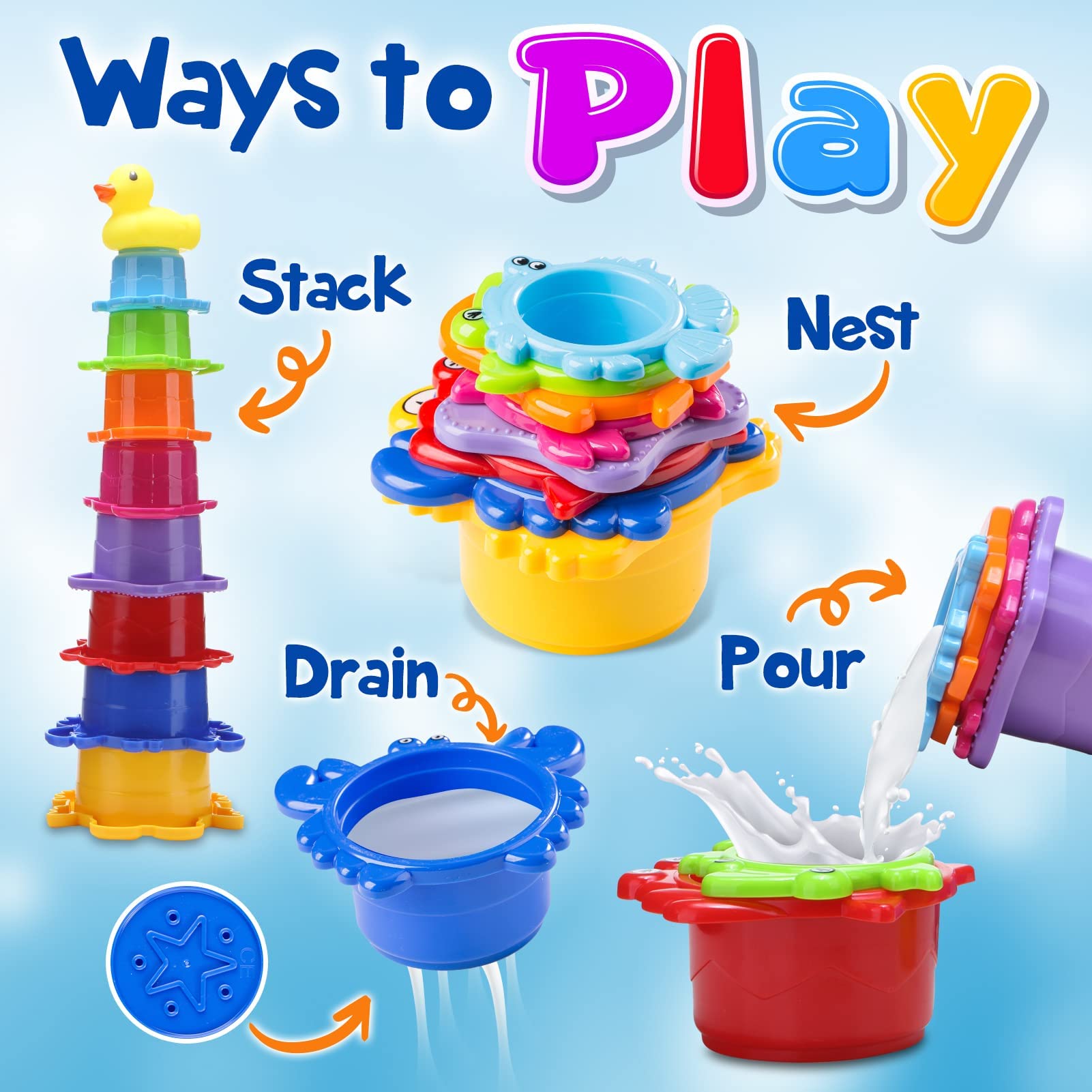 Rainbow Stacking Bath Cups for Toddlers 1-3 Years Old - Safe Baby Bath Toys with Rubber Duckie for Early Learning & Sensory Play | Fun Bath Time, Birthday Gifts & Stocking Stuffers for Infants
