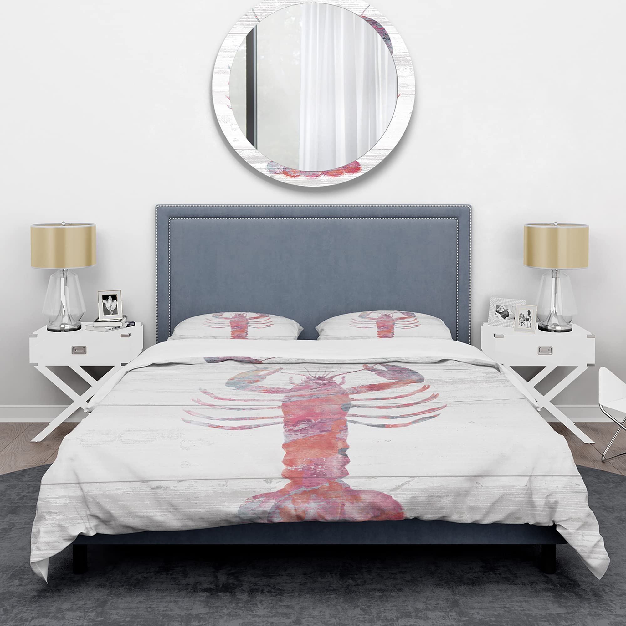 DesignQ Pink Lobster Ocean Life Nautical Coastal Duvet Cover Set - King Size 3-Piece Bedding Set with Animal Print | Perfect for Beach House, Coastal Decor & Summer Themed Bedrooms