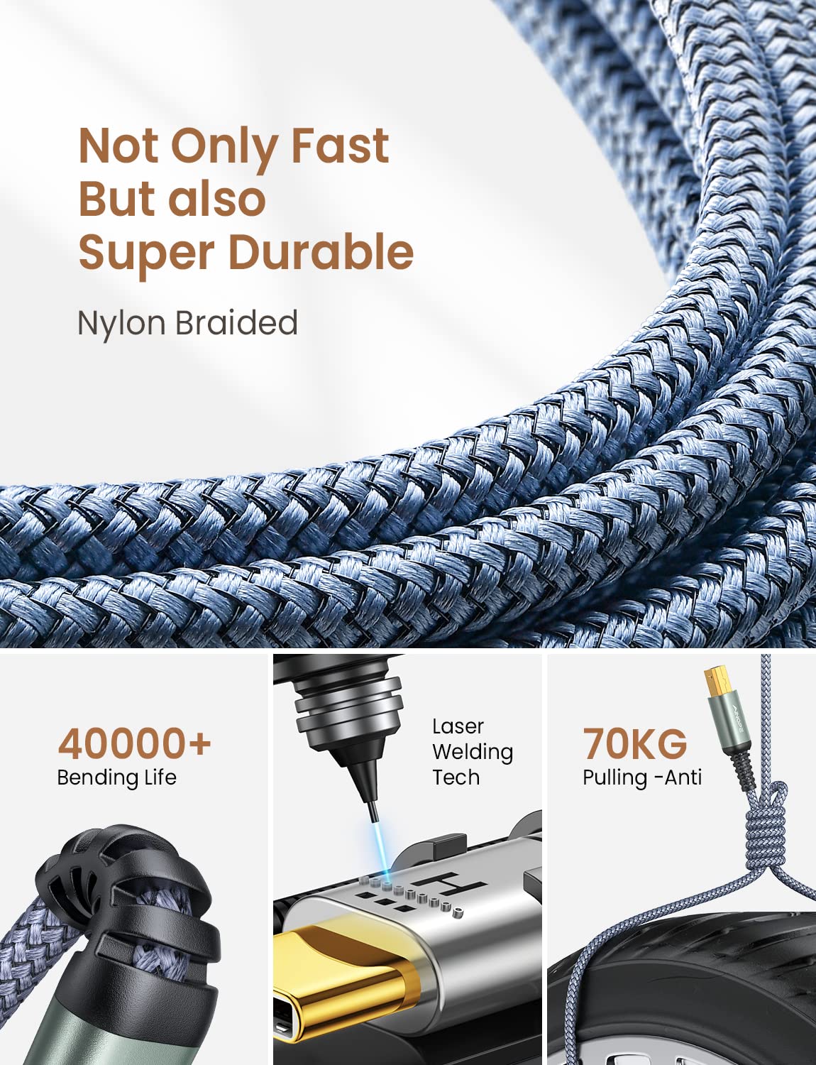 AINOPE 10FT USB B to USB C Printer Cable - Gold Plated Nylon Braided Cord for HP Brother Canon Printers, Yamaha Casio Digital Pianos - Fast Charging & Data Transfer for Home Office & Studio Use