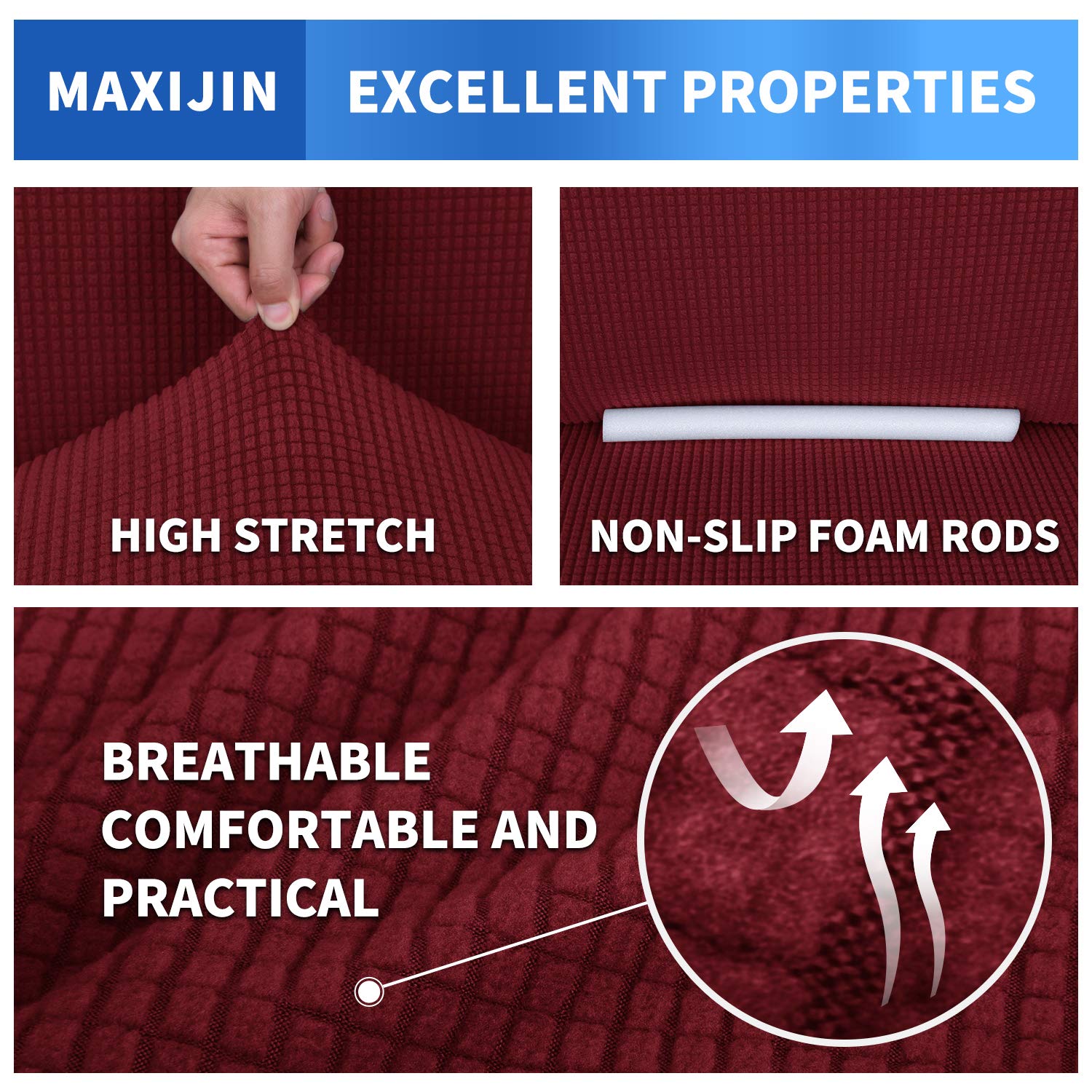 MAXIJIN Super Stretch Sofa Cover for 3 Cushion Couch - 1-Piece Universal Jacquard Spandex Furniture Protector - Pet Friendly Fitted Couch Cover (Extra Large, Wine Red) - Perfect for Living Room, Family Room & Pet Owners