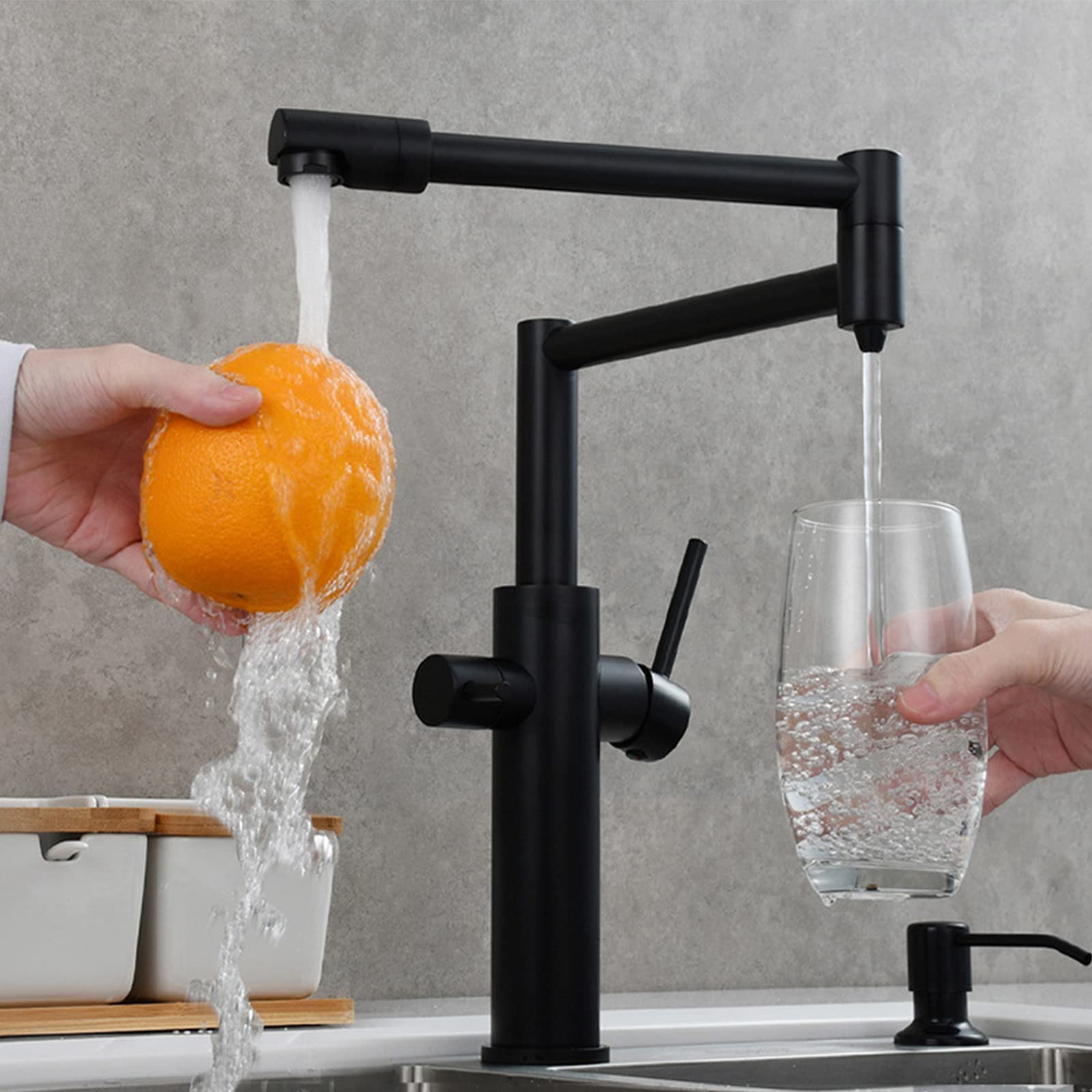 Black Tall Deck Mount Pot Filler Kitchen Faucet with Dual Handle Hot & Cold Water Mixer Tap & Drinking Water Spout - Ideal for Cooking, Filling Pots & Washing Dishes