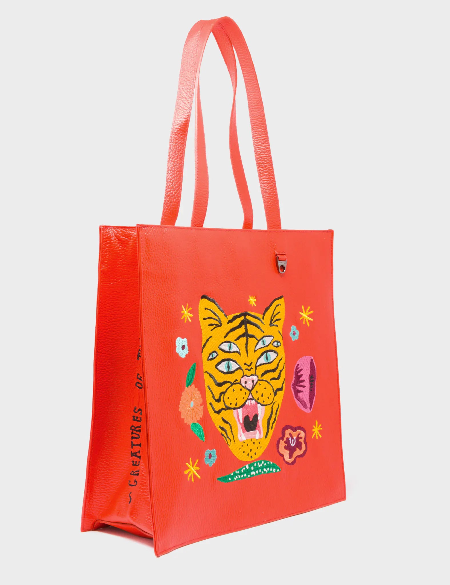Marko Fiesta Red Leather Tote Bag with Tiger and Flowers Embroidery - Stylish Women's Handbag for Work, Travel & Everyday Use