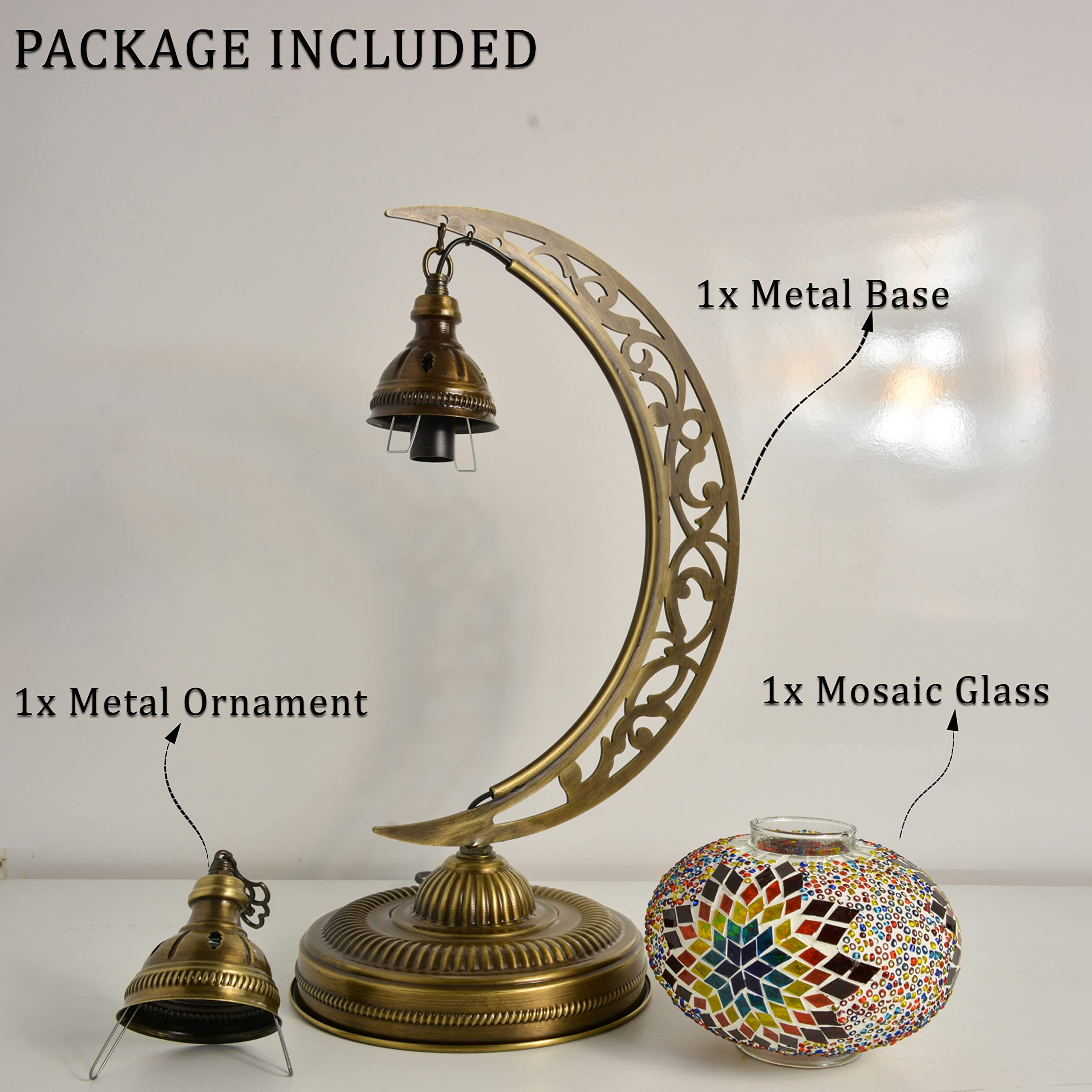 Mozaist Turkish Tiffany Style Moon Shape Table Lamp - Handcrafted Moroccan Mosaic Crescent Desk Light with Stained Glass, E12 Socket & US Plug | Rustic Home Decor for Bedroom, Living Room & Dining Room (Sunflower Design)