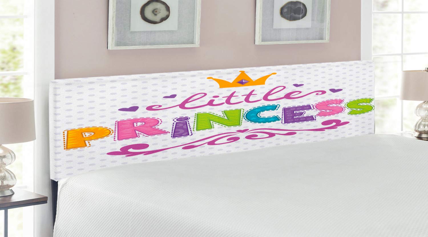 Ambesonne Feminine Headboard - Cheerful Polka Dot with Cartoon Lettering, Upholstered Decorative Metal Bed Frame with Memory Foam, King Size in Fuchsia Green - Perfect for Girls' Bedroom, Dorm Decor & Cozy Home Makeover