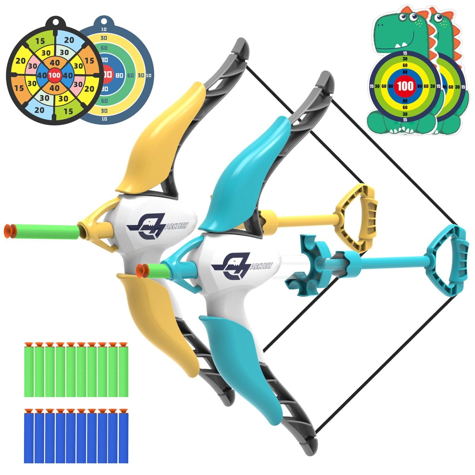 COSOOS 2 Pack Kids Bow and Arrow Set - Safe Archery Toy for Boys & Girls Ages 3-8 with 20 Suction Cup Arrows & 4 Targets - Indoor Outdoor Sports Game for Birthday Party, Backyard Play, and Camping Activities