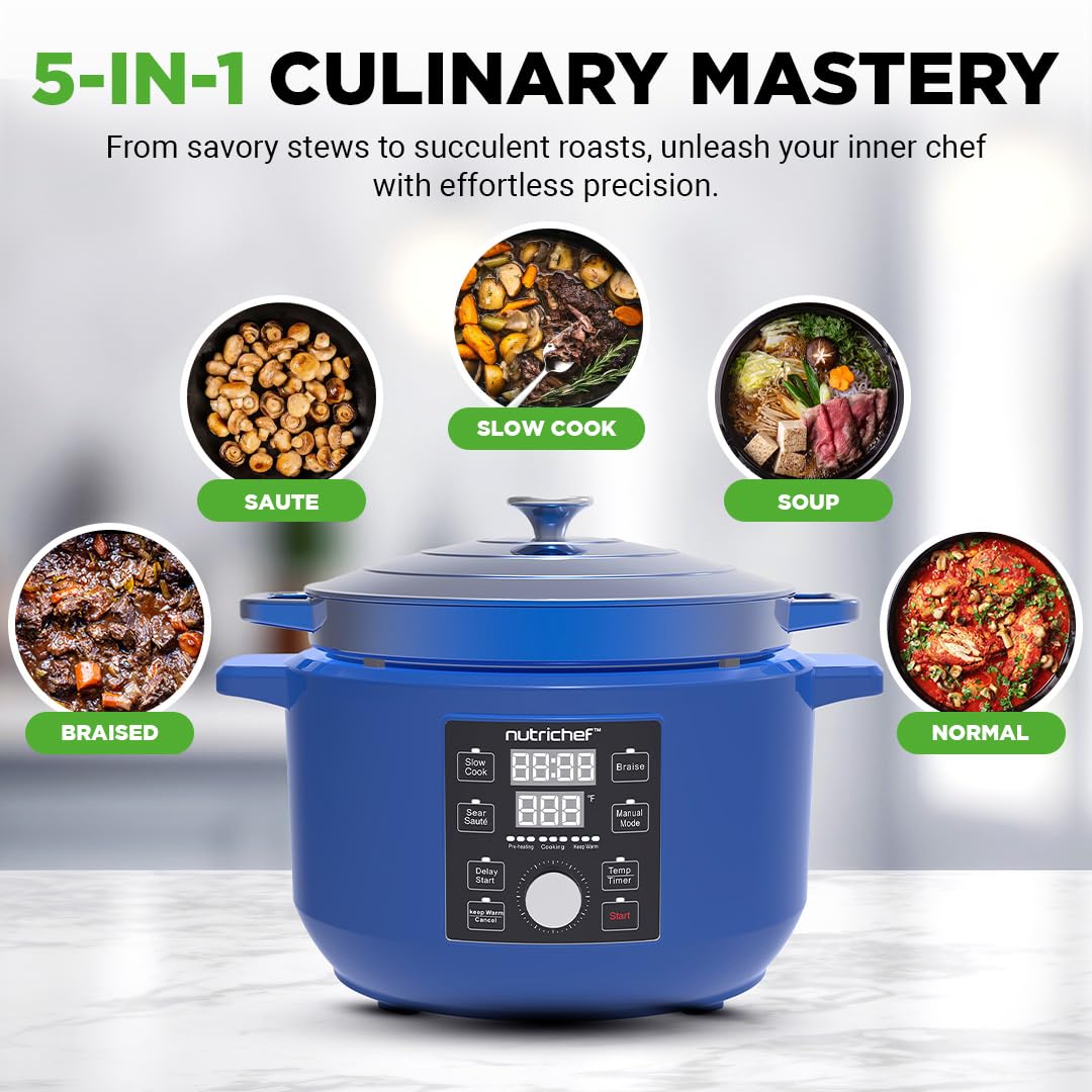 6 Quart Electric Dutch Oven - 1500W 5-in-1 Enamel Coated Cast Iron Pot with Stainless Steel Lid | Precise Temperature Control for Slow Cooking, Braising & Baking | Includes 2 Silicone Pot Holders & Heat Resistant Pad | Perfect for Soups, Stews & Family Meals (Blue)