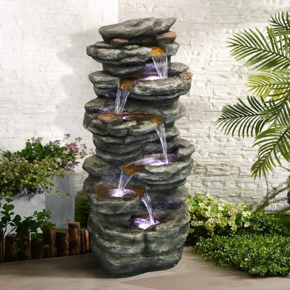 6-Tier Stacked Rock Waterfall Fountain with LED Lights - 40