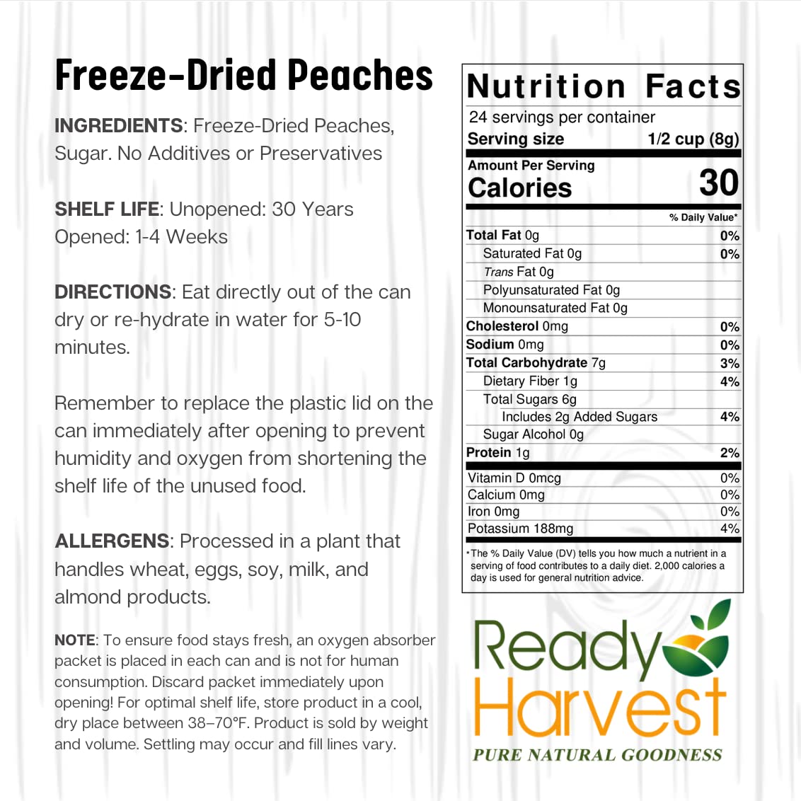 Freeze Dried Peaches - Gluten Free, Non-GMO, 25 Year Shelf Life | Healthy Fruit Snacks for Camping, Hiking & Emergency Food Storage | 6-Pack #10 Cans (397g Each) | Vegan, Paleo & Keto Friendly