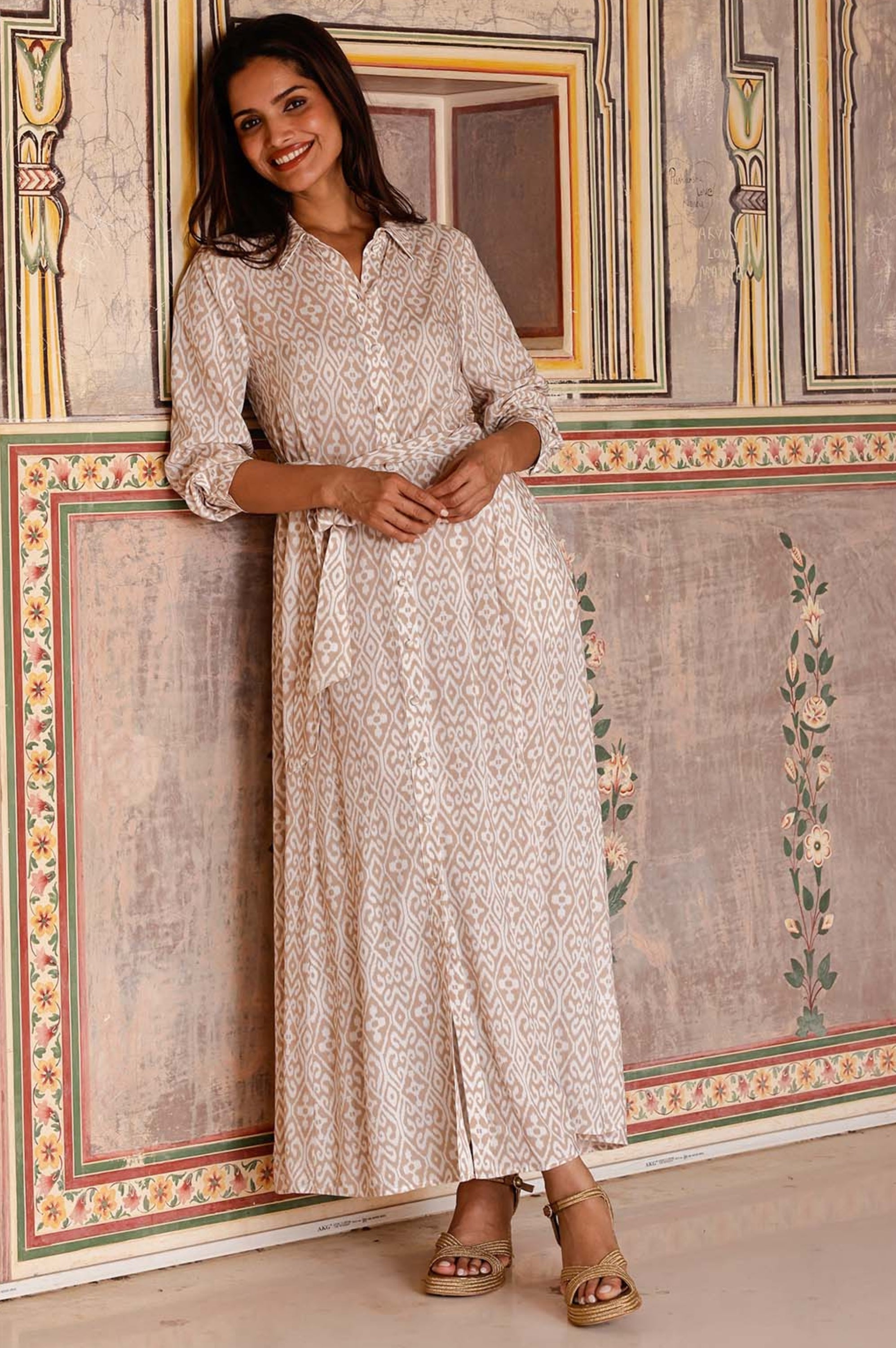 EcoVero Sustainable Shirt Dress for Women | Taupe & White | Casual Office Wear & Summer Outfits