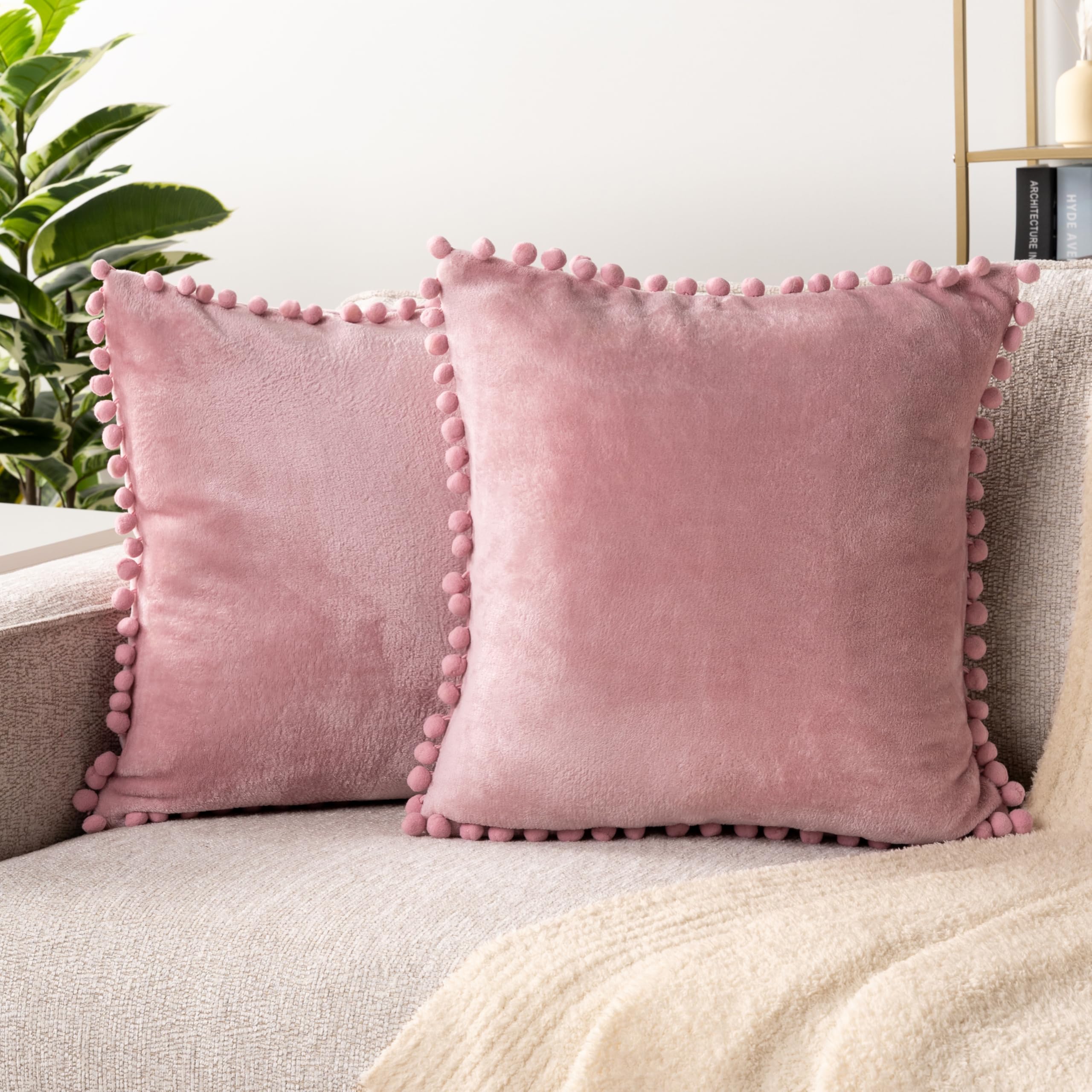 PAVILIA 20x20 Blush Pink Velvet Throw Pillow Covers Set of 2 - Soft Pom Pom Decorative Cushion Covers for Bed, Sofa, Couch & Home Decor - Cozy Living Room & Bedroom Aesthetic Accessories