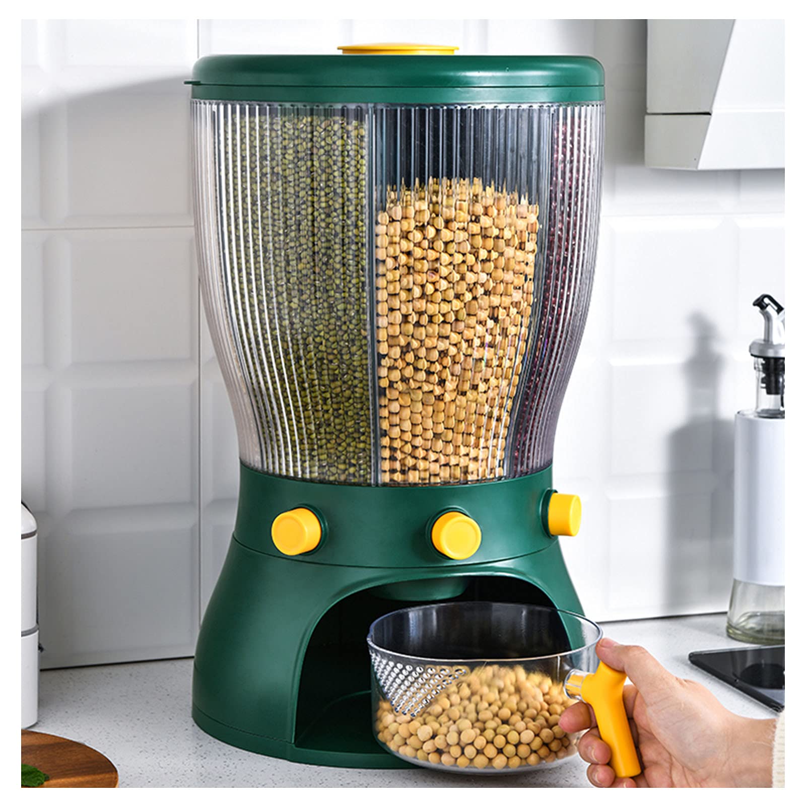 10L Rotating Grain Storage Container - Multi-Compartment Cereal Dispenser & Rice Bucket with Waterproof Seal - Moisture-Proof Food Organizer for Kitchen, Pantry, and Bulk Food Storage (Green)