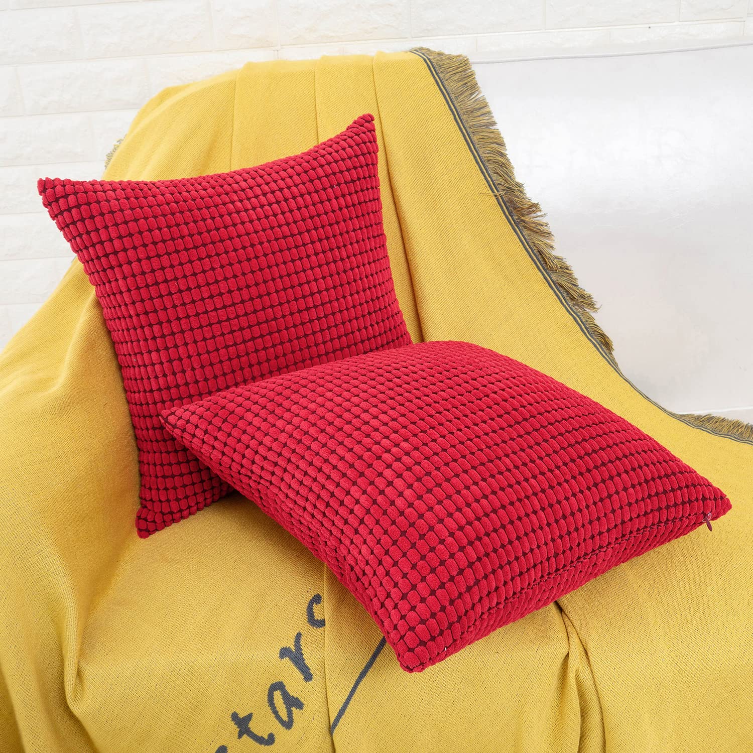 HWY 50 16x16 Inch Corduroy Throw Pillow Covers Set of 2 - Soft Solid Corn Texture Red Accent Cushion Covers for Sofa, Couch, Living Room & Bedroom Decor - Perfect for Home Styling and Cozy Comfort