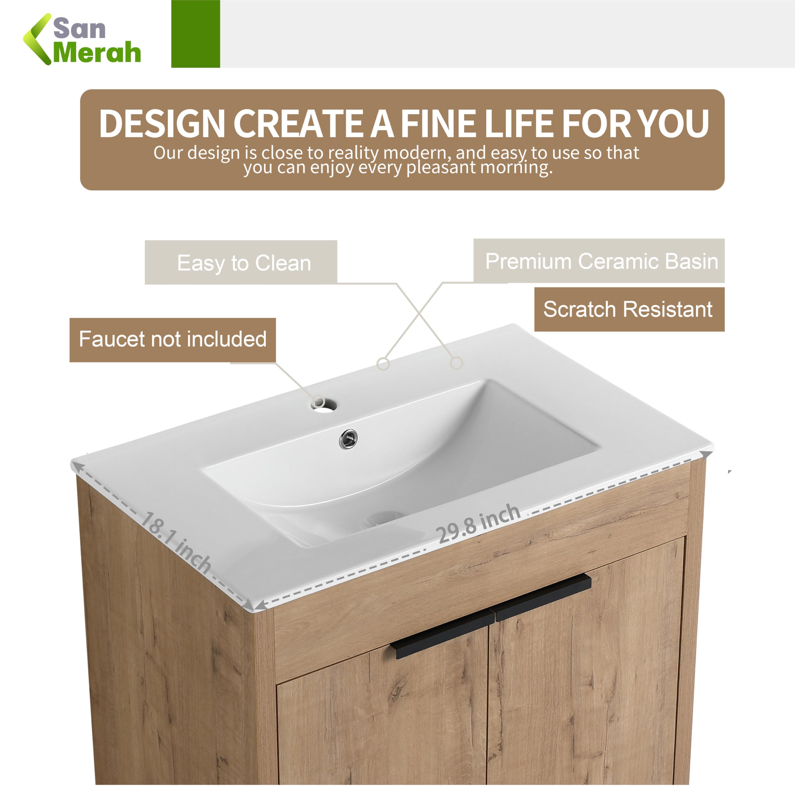 30 Inch Freestanding Bathroom Vanity with Ceramic Sink - Soft Close Doors & Adjustable Shelf (24-IMO, 30x18) - Modern Bathroom Storage Cabinet for Small Spaces, Powder Rooms & Guest Baths