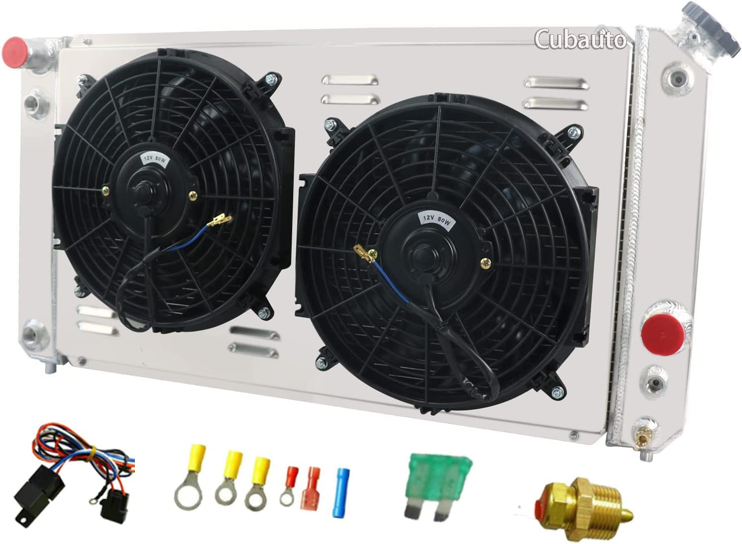 High-Performance All-Aluminum Radiator for 1996-2005 Chevy S10 Blazer C1500 Truck, GMC Sonoma, Jimmy, Isuzu Hombre & Oldsmobile Bravada - 3 Row Cooling System with Shroud, Fans & Relay - Perfect for Off-Roading, Towing & High-Temperature Conditions