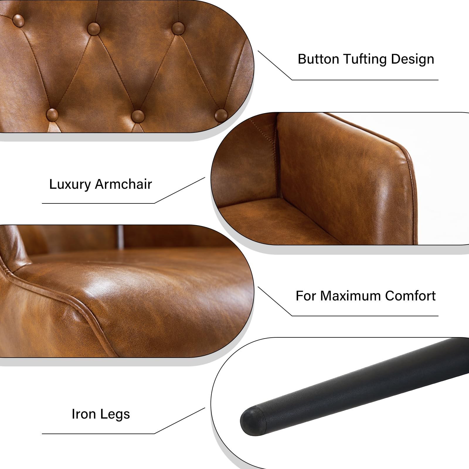 Furnimart Mid Century Modern Faux Leather Accent Chair - Comfy PU Armchair for Living Room, Office, Study, Bedroom & Waiting Room - Yellow Brown Wingback Leisure Chair | Perfect for Home Decor, Guest Seating & Vanity Areas