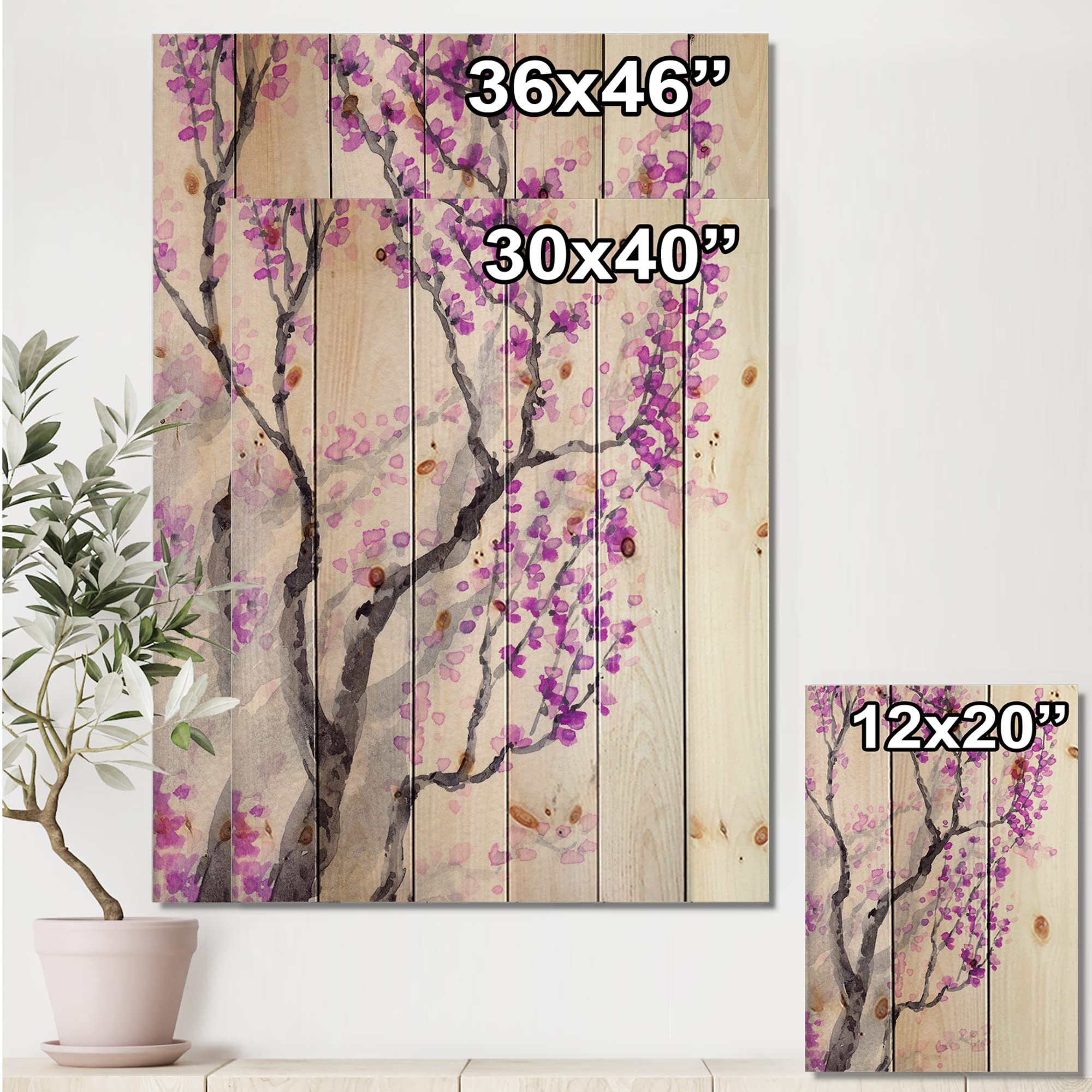 Spring Purple Flowers on Tree Branches - Traditional Wood Wall Decor, Large Floral Wood Wall Art Panel Printed on Natural Pine - Perfect for Living Room, Bedroom & Office Decoration